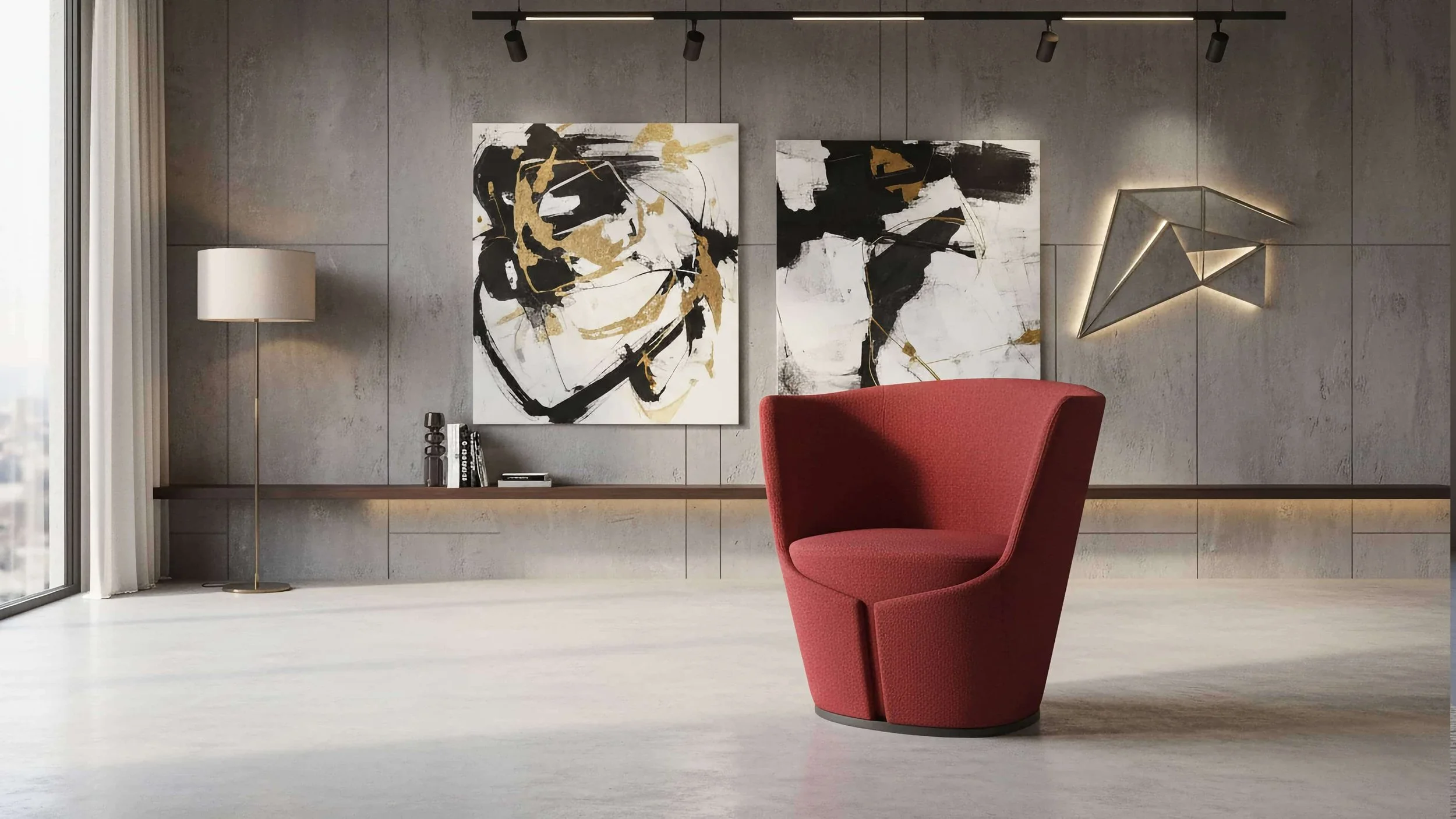 A red Dapper armchair in a modern living space.