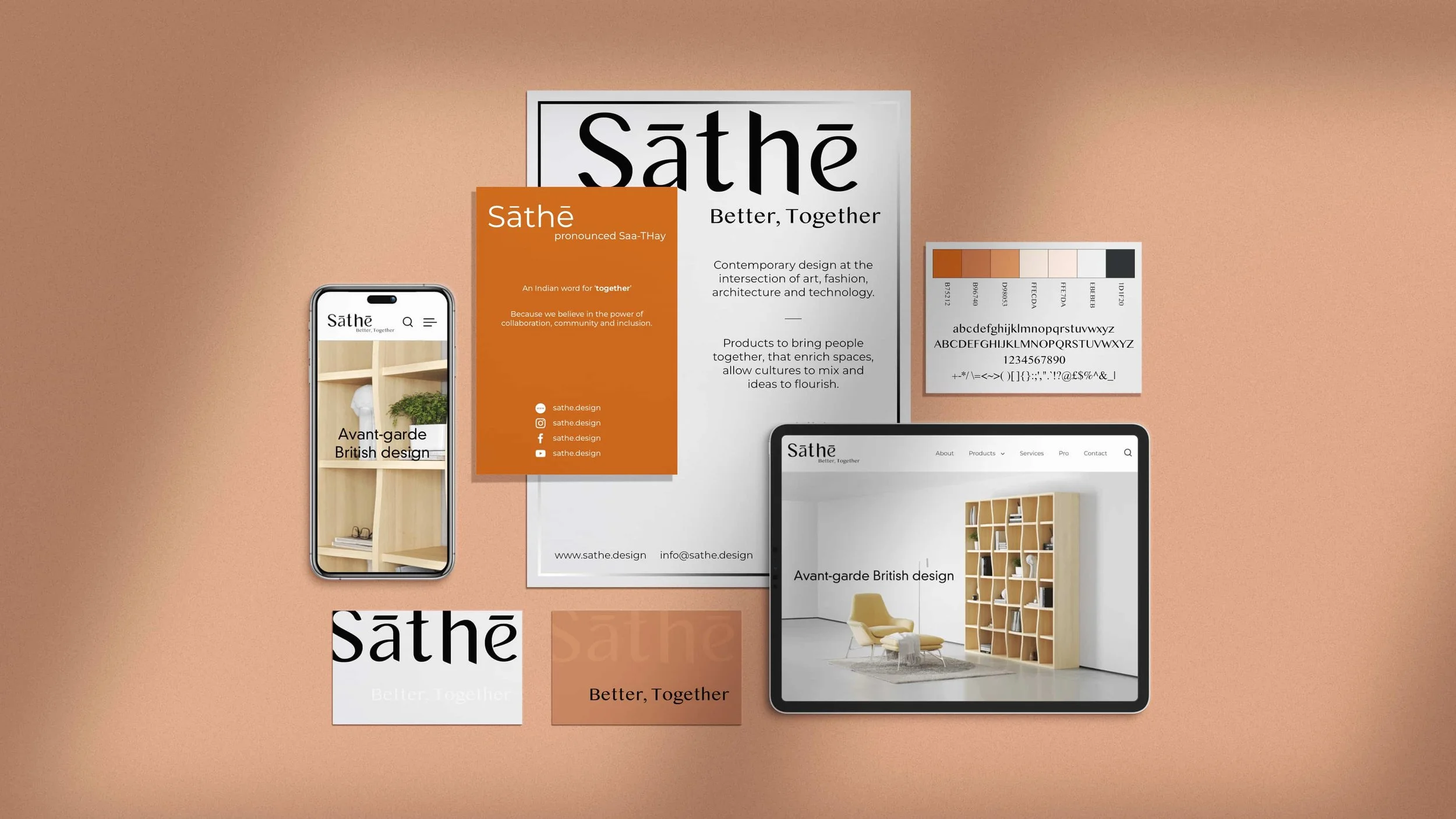 Brand assets for Sāthē, including name, logo, tagline, colour palette and website