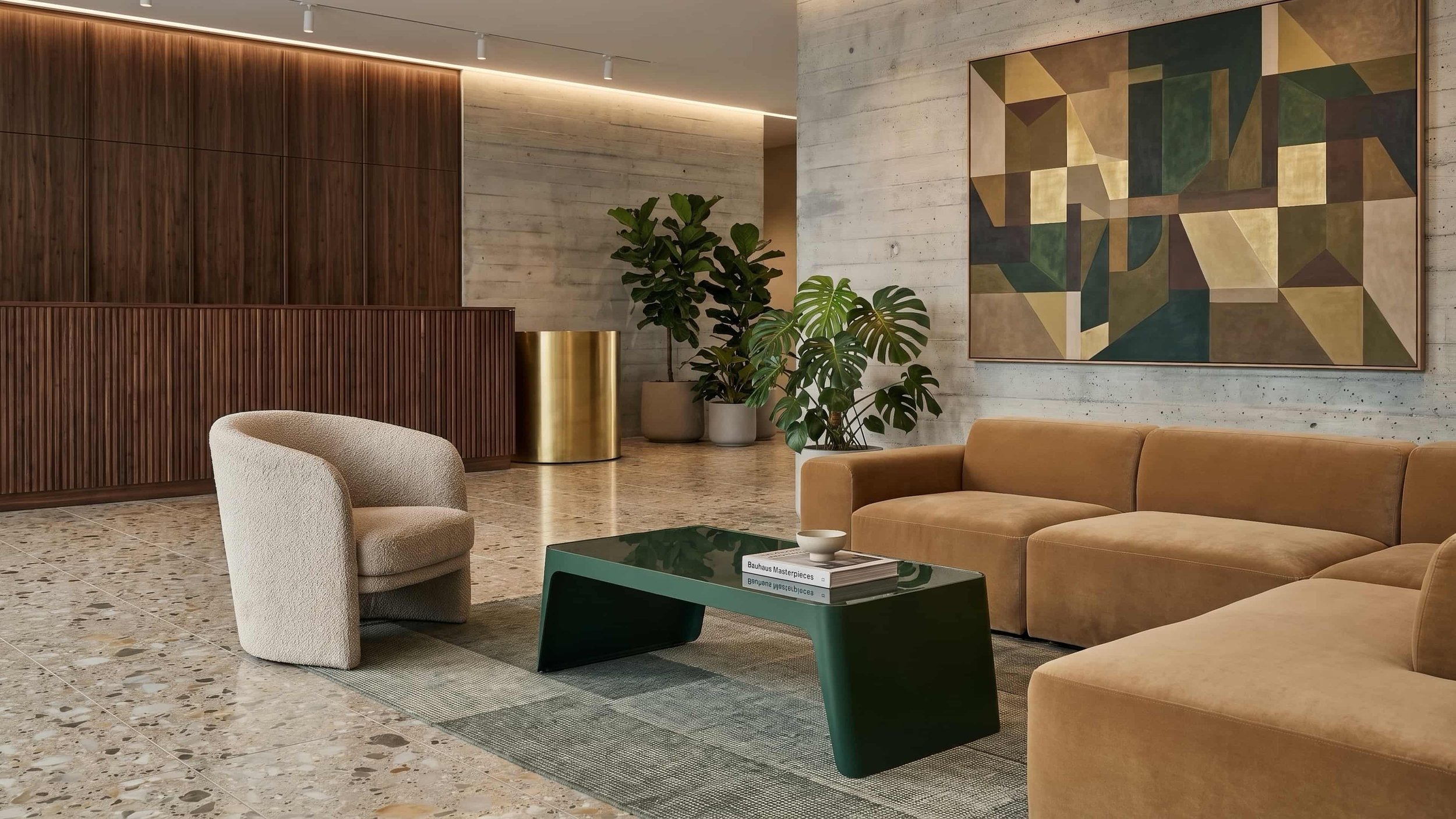 A green Span coffee table is the centrepeice of a seating area in the lobby of a boutique hotel.