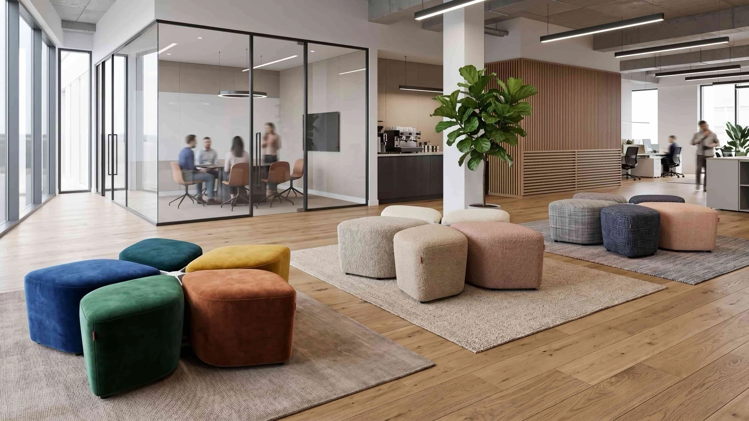 Three Blossom Seating Systems with Docking Bases in a range of fabrics and colours.