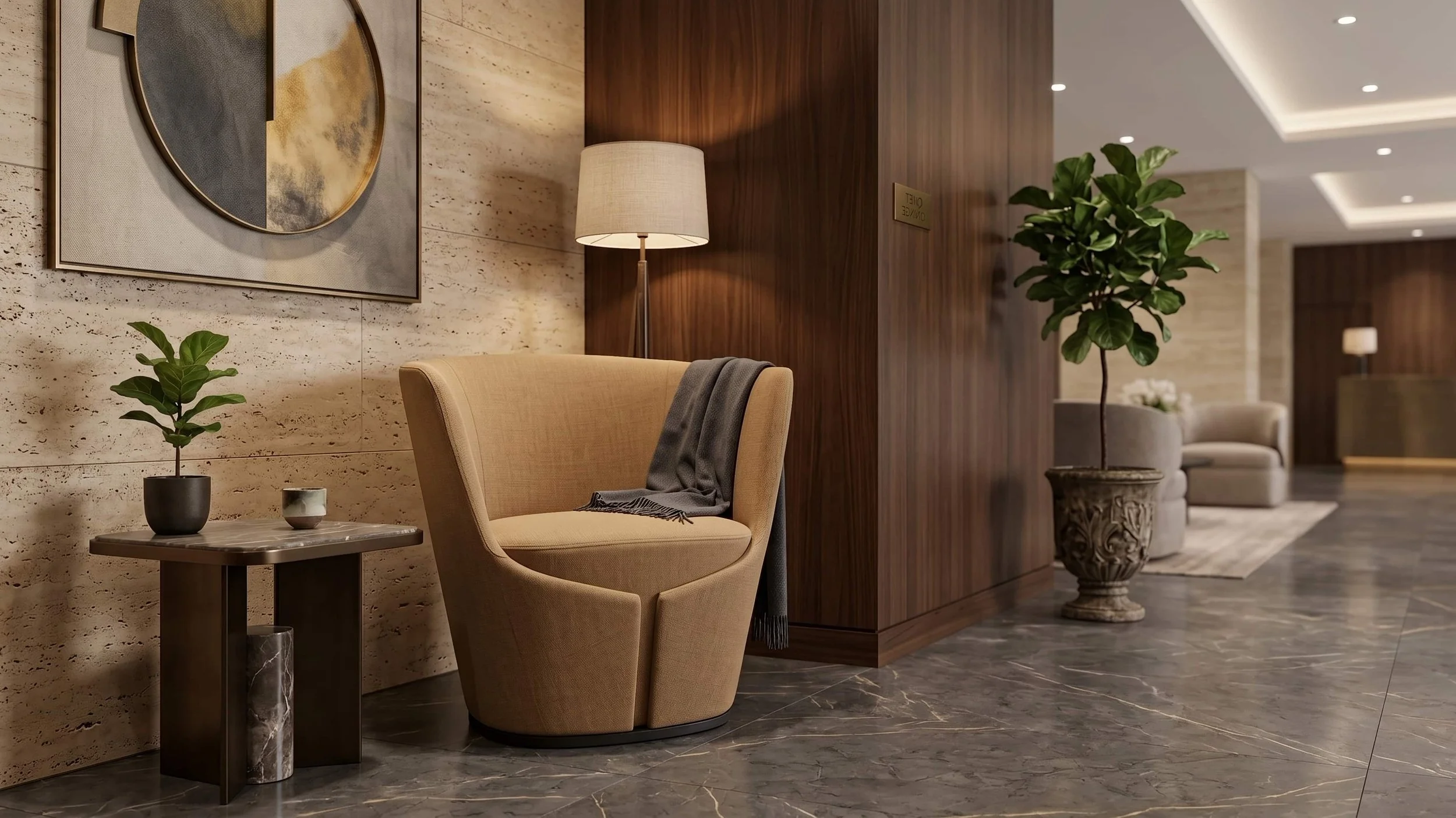 A Dapper armchair in a quiet corner of a hotel lobby.