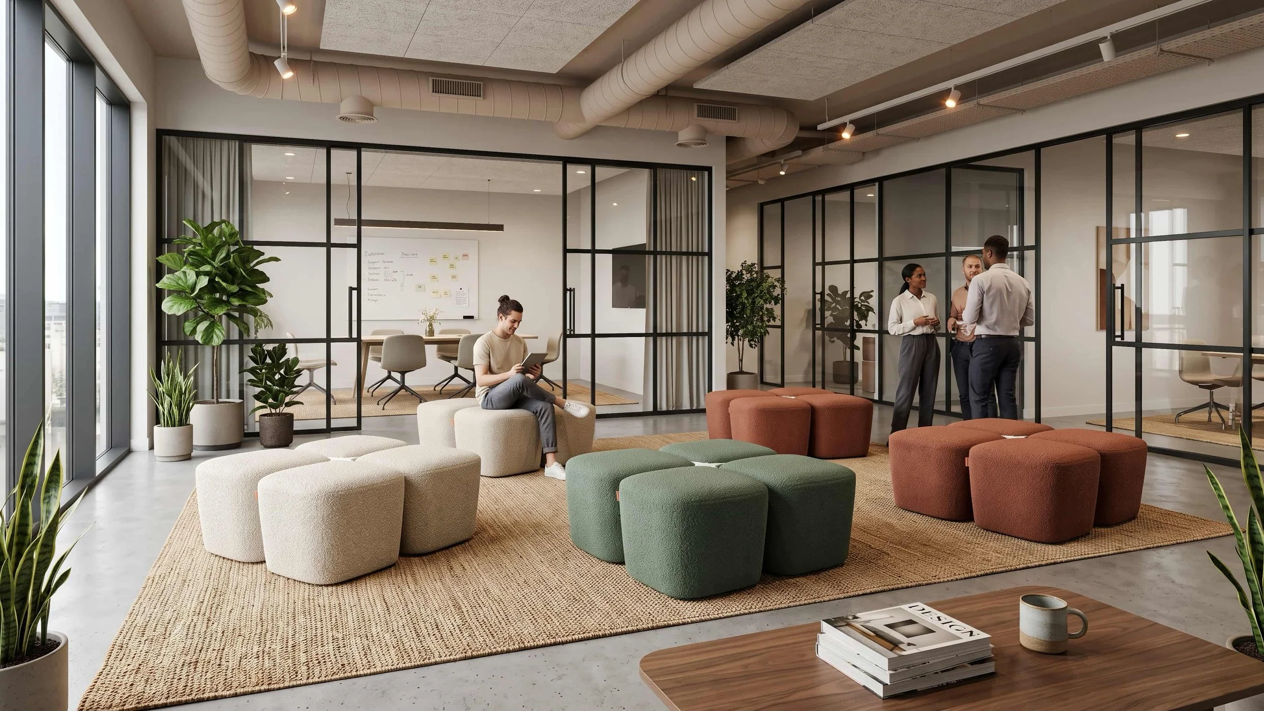 Five sets of the Rhombic Seating System provide flexible seating in a communal office space. All systems are neatly tided away into their Rhombus configurations.