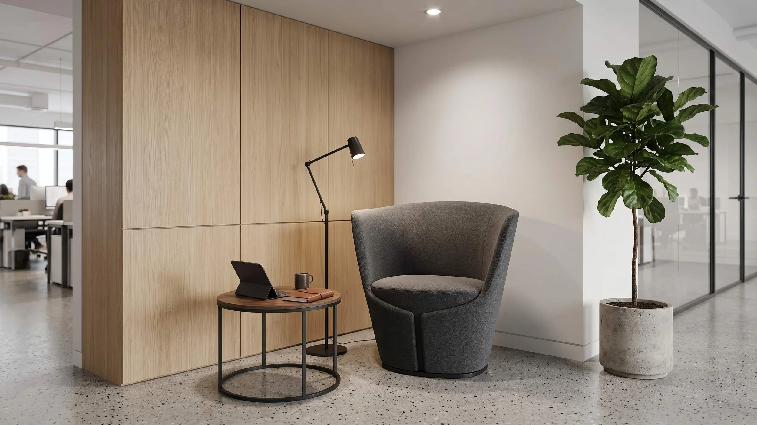A Dapper armchair in a quiet corner of a busy workplace.