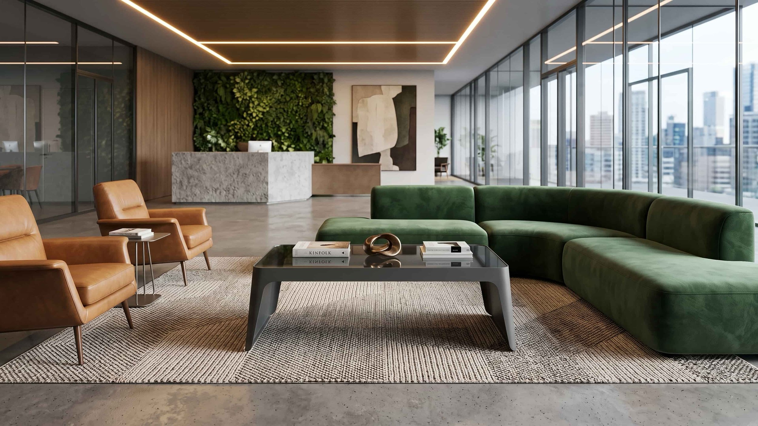 Front view of a grey Span coffee table in a company's recception area.