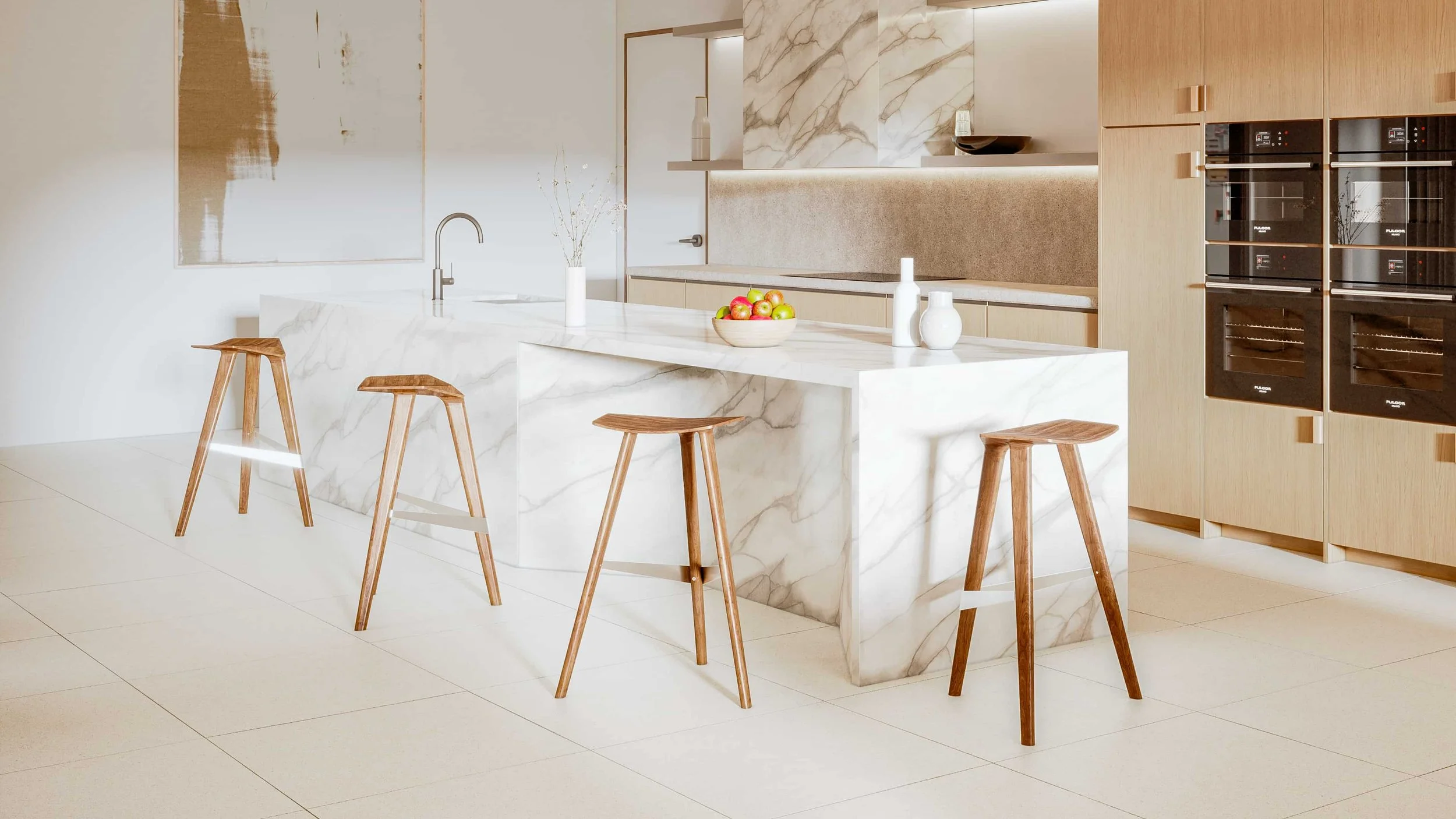 Four Delta stools, in solid Walnut, surround a contemporary kitchen island. The stool’s design looks beautiful from every angle.
