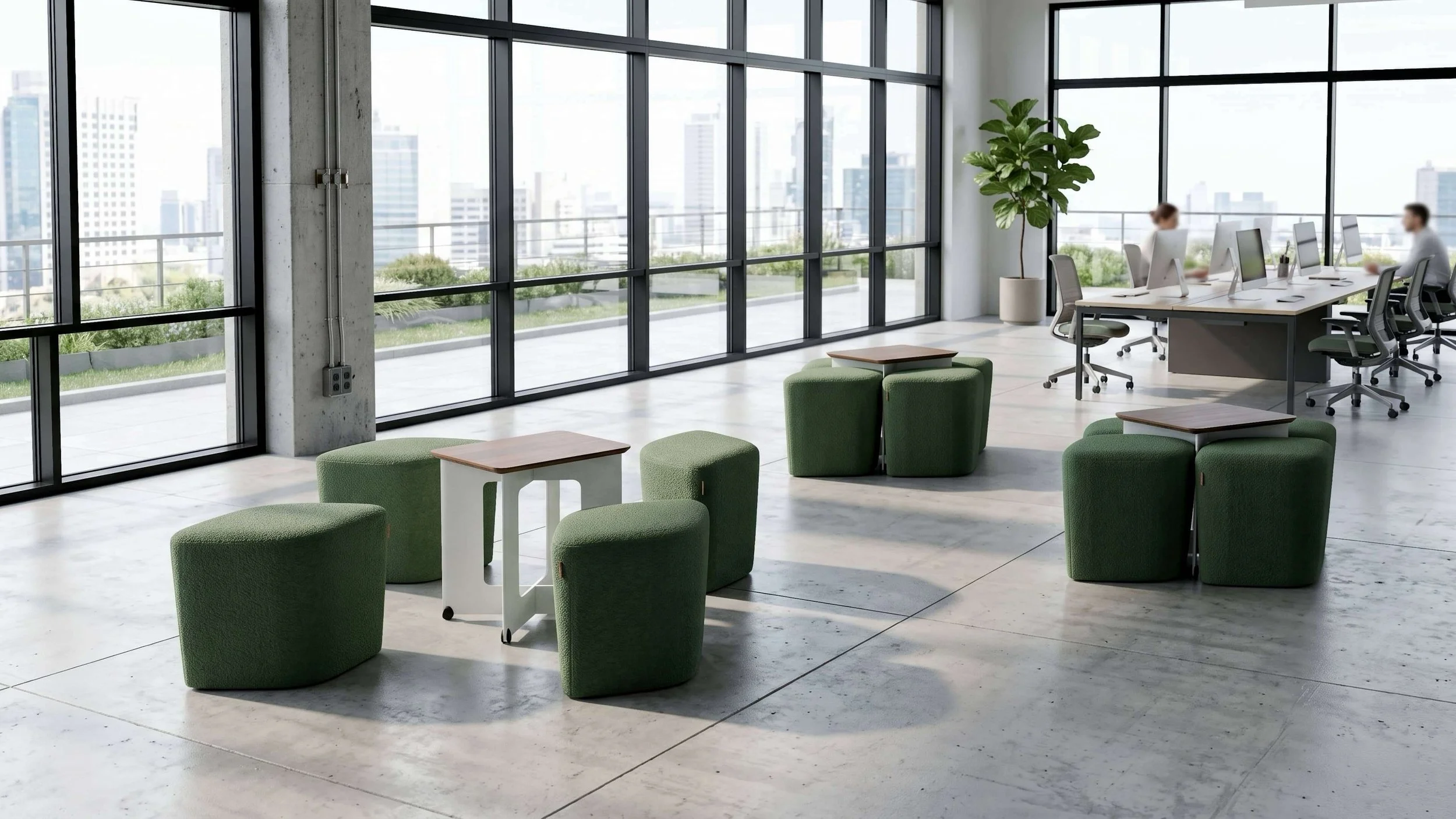 A large open office with three Rhombic Seating Systems with Tables. One system has its poufs scattered around but the other two have their stools neatly tidied away.