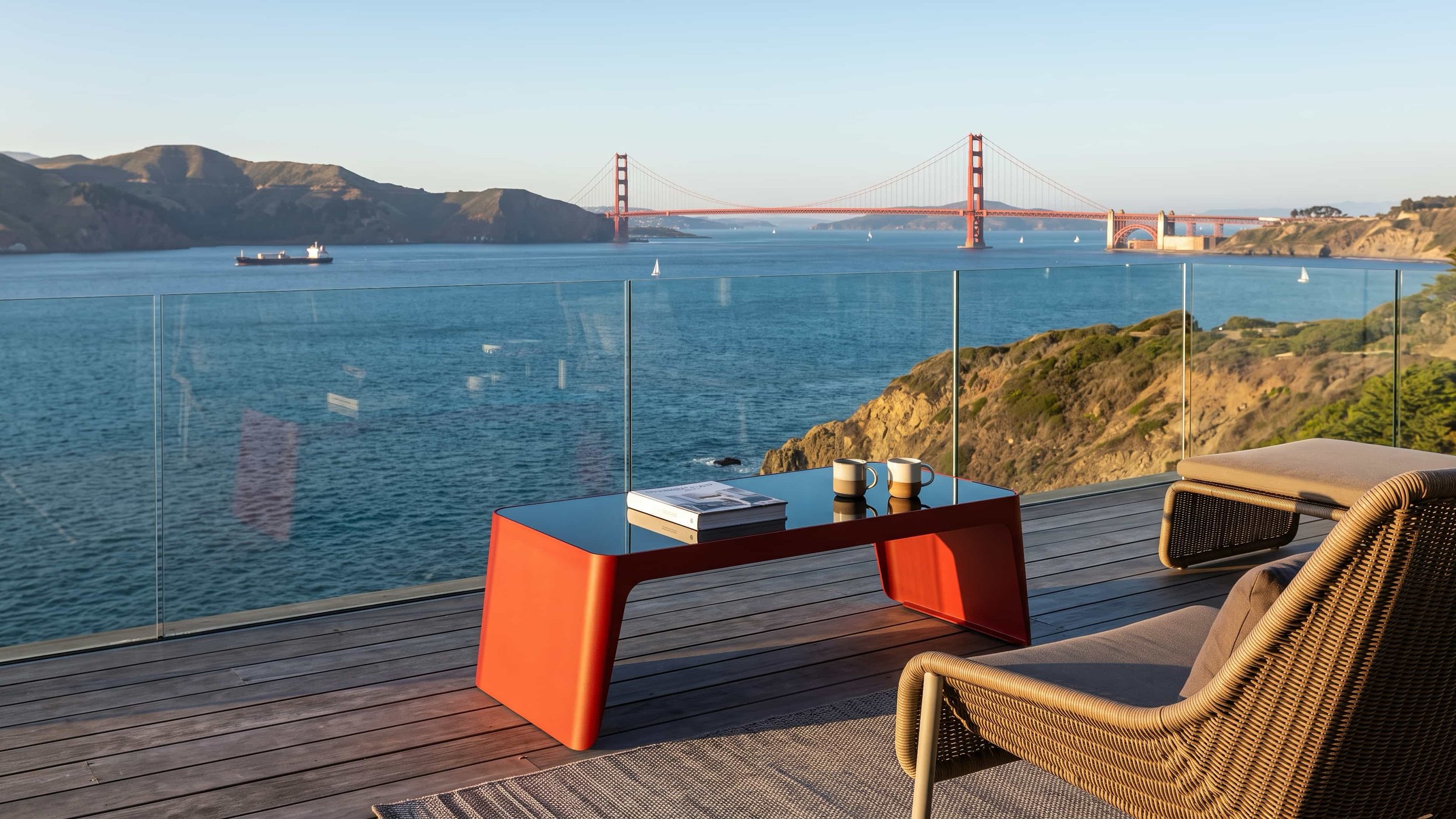A red Span coffee table sits on a balcony with a view of the Golden Gate Bridge in the distance.