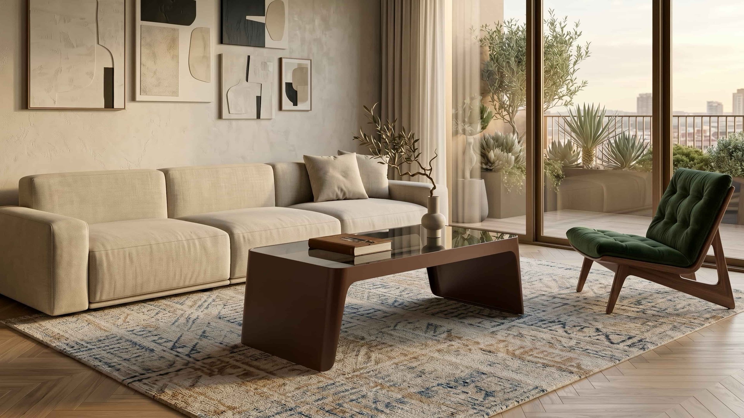 A brown Span coffee table take pride of place in a stylish residential living room.