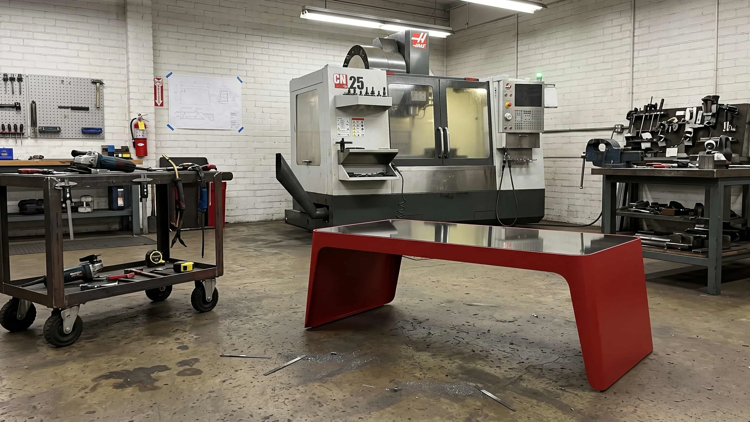 A newly made Span coffee table in traffic red in a metal fabrication workshop.