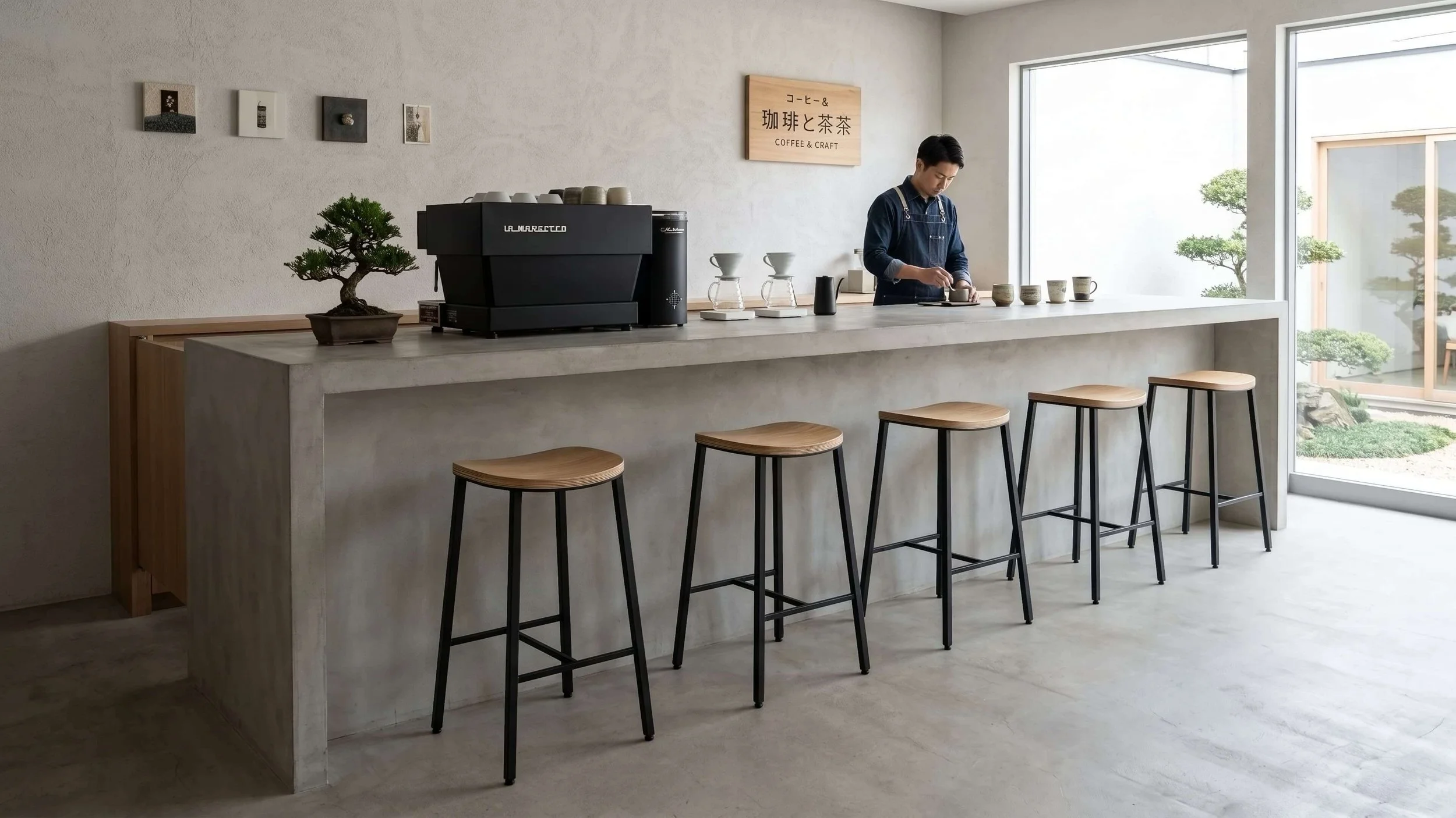 Five Kanso stool lined up in front of a concrete counter in a modern, Japanese coffee shop.