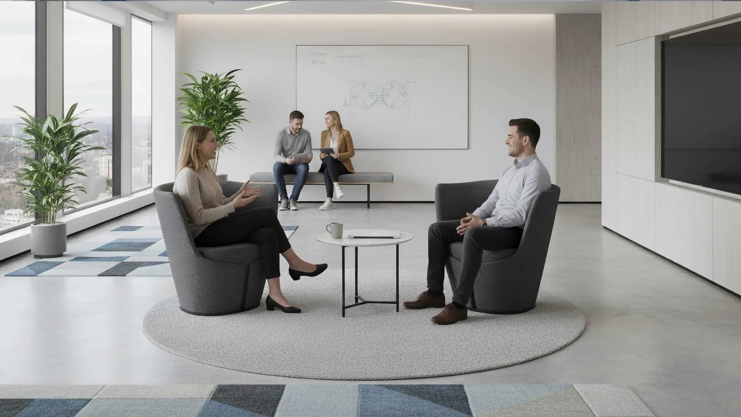 Two Dapper armchairs in a common area of a modern office.