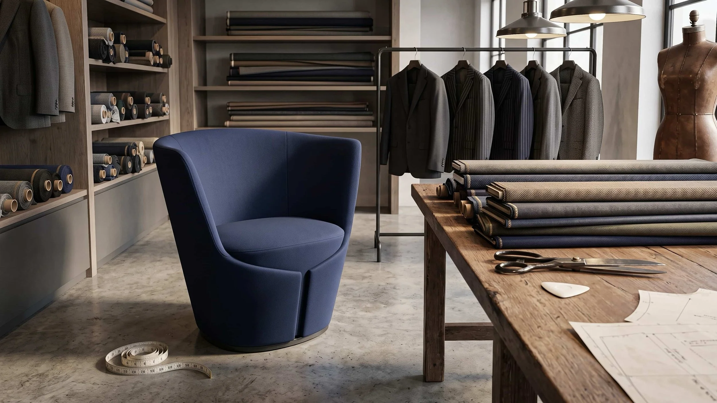 A navy blue Dapper armchair in a tailor's workshop.