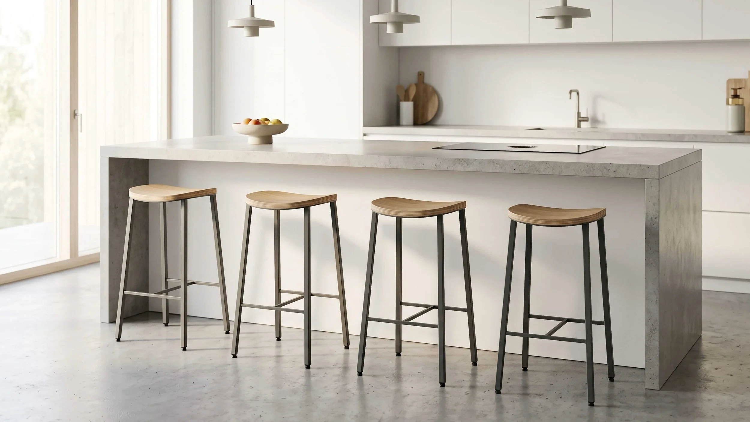 Four Kanso stools line up along a counter in a modern kitchen.