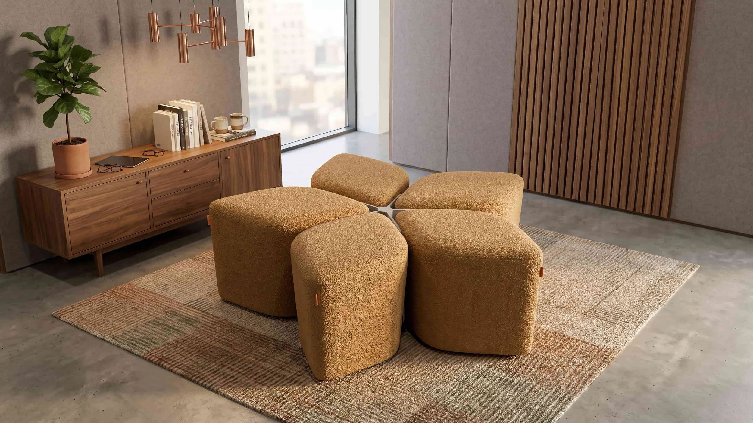 A Blossom Seating System with Docking Base in camel coloured fabric.