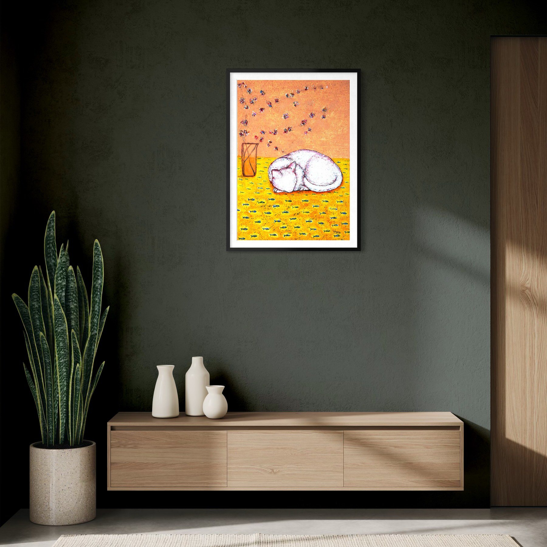 Cat Stories: Dreaming of Fish — fine art giclée print of a sleeping white cat on a golden floor of blue fish by Singapore artist Sheena Bharathan, Hahnemühle German Etching 310gsm