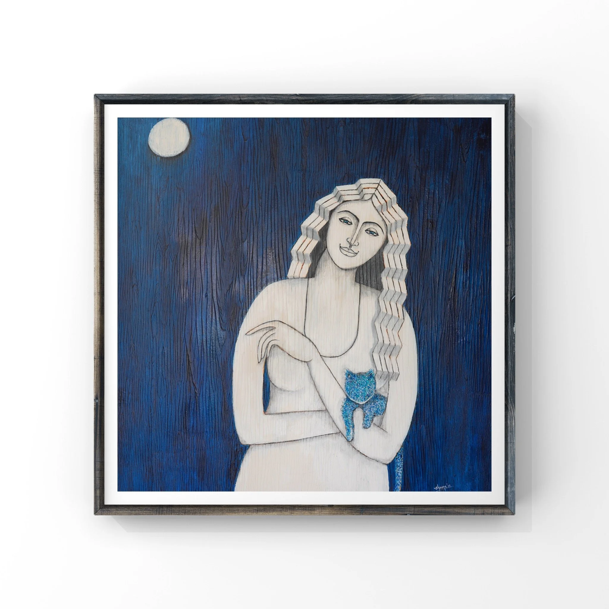 Hues of Silence fine art giclée print on Hahnemühle German Etching 310gsm — She series by Singapore artist Sheena Bharathan, white figure with blue cat against midnight blue