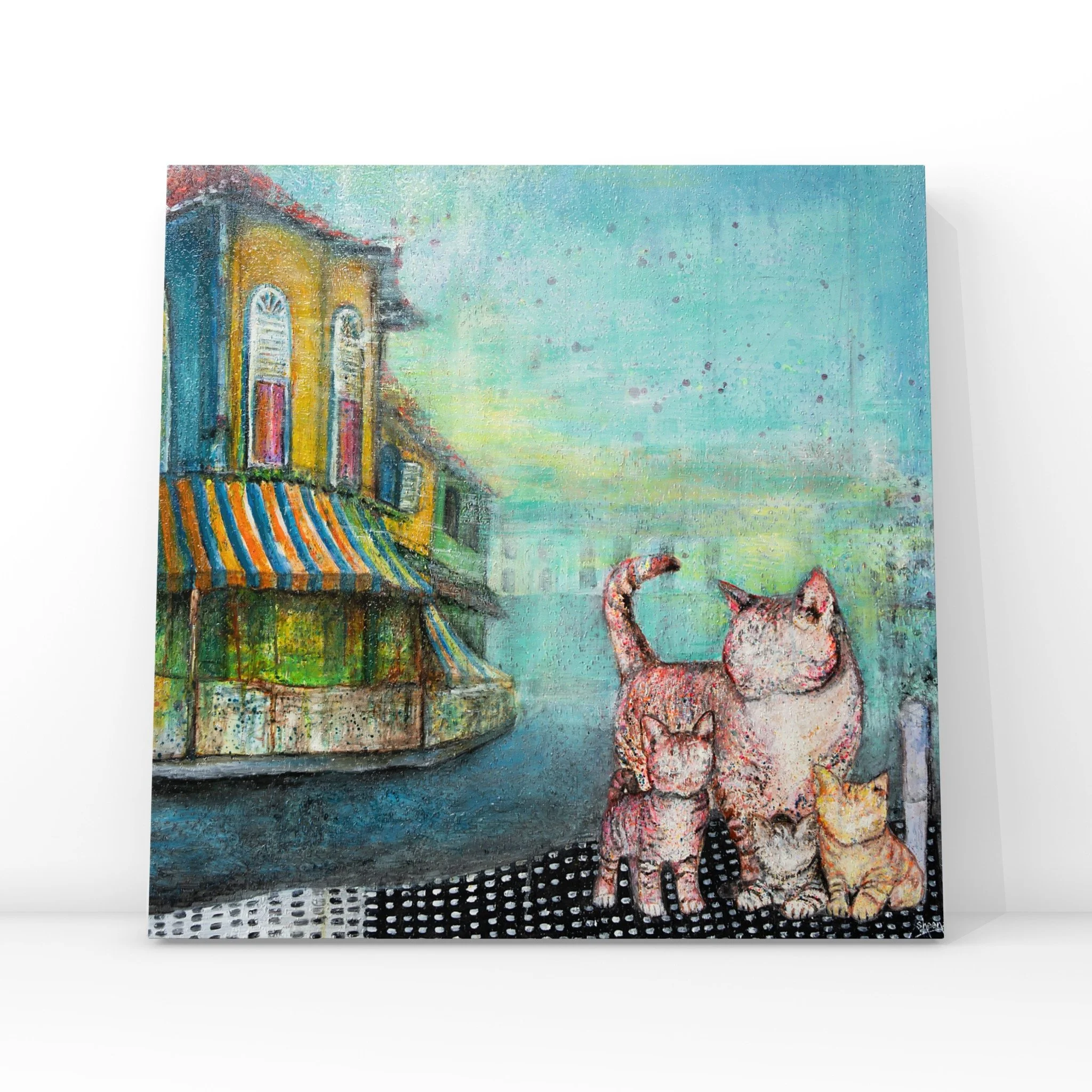 Cat Stories Shophouse Days — original mixed media painting on canvas 80x80cm by Singapore contemporary artist Sheena Bharathan, cats in front of Singapore Peranakan shophouse