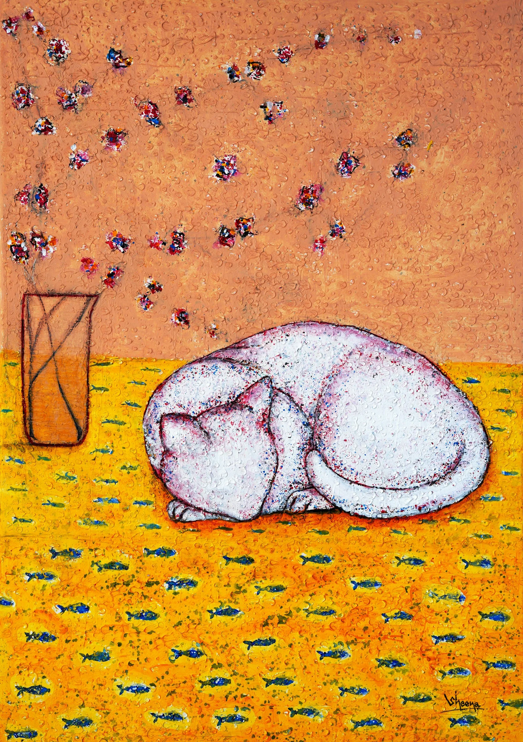 Cat Stories: Dreaming of Fish — fine art giclée print of a sleeping white cat on a golden floor of blue fish by Singapore artist Sheena Bharathan, Hahnemühle German Etching 310gsm