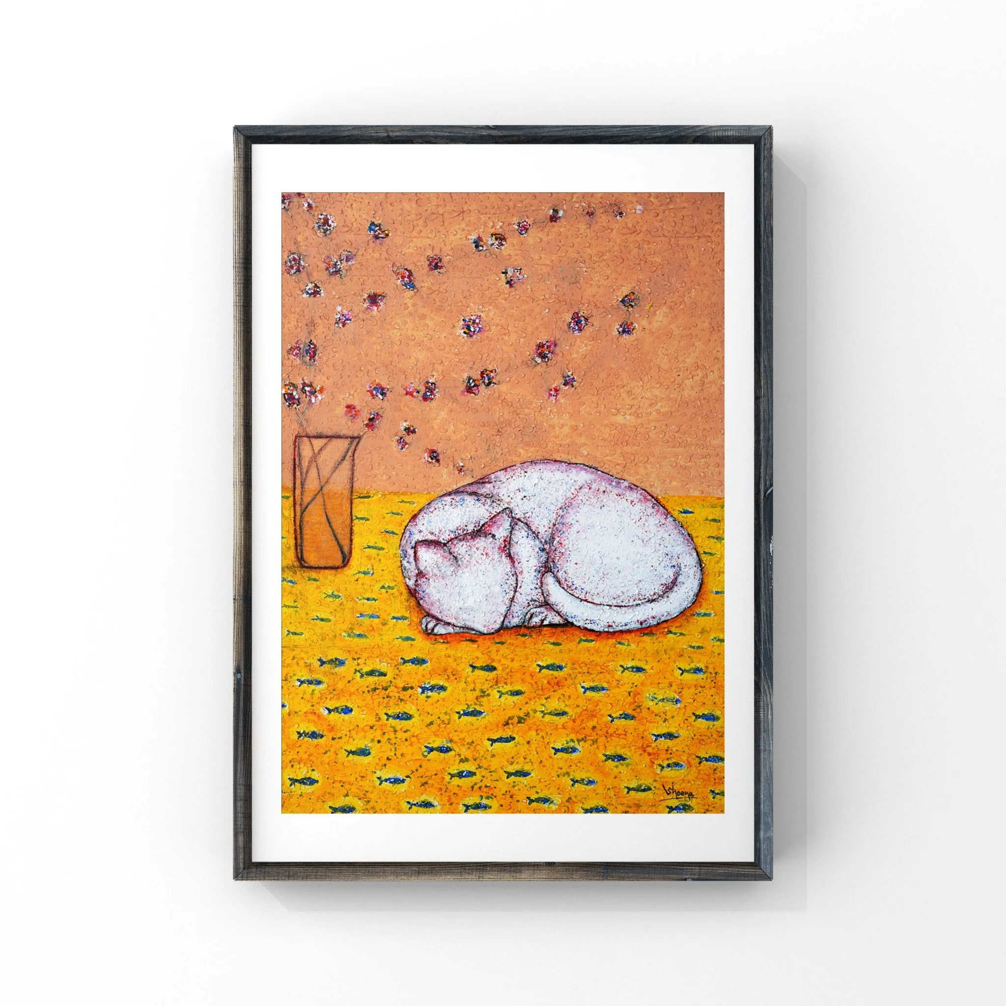 Cat Stories: Dreaming of Fish — fine art giclée print of a sleeping white cat on a golden floor of blue fish by Singapore artist Sheena Bharathan, Hahnemühle German Etching 310gsm