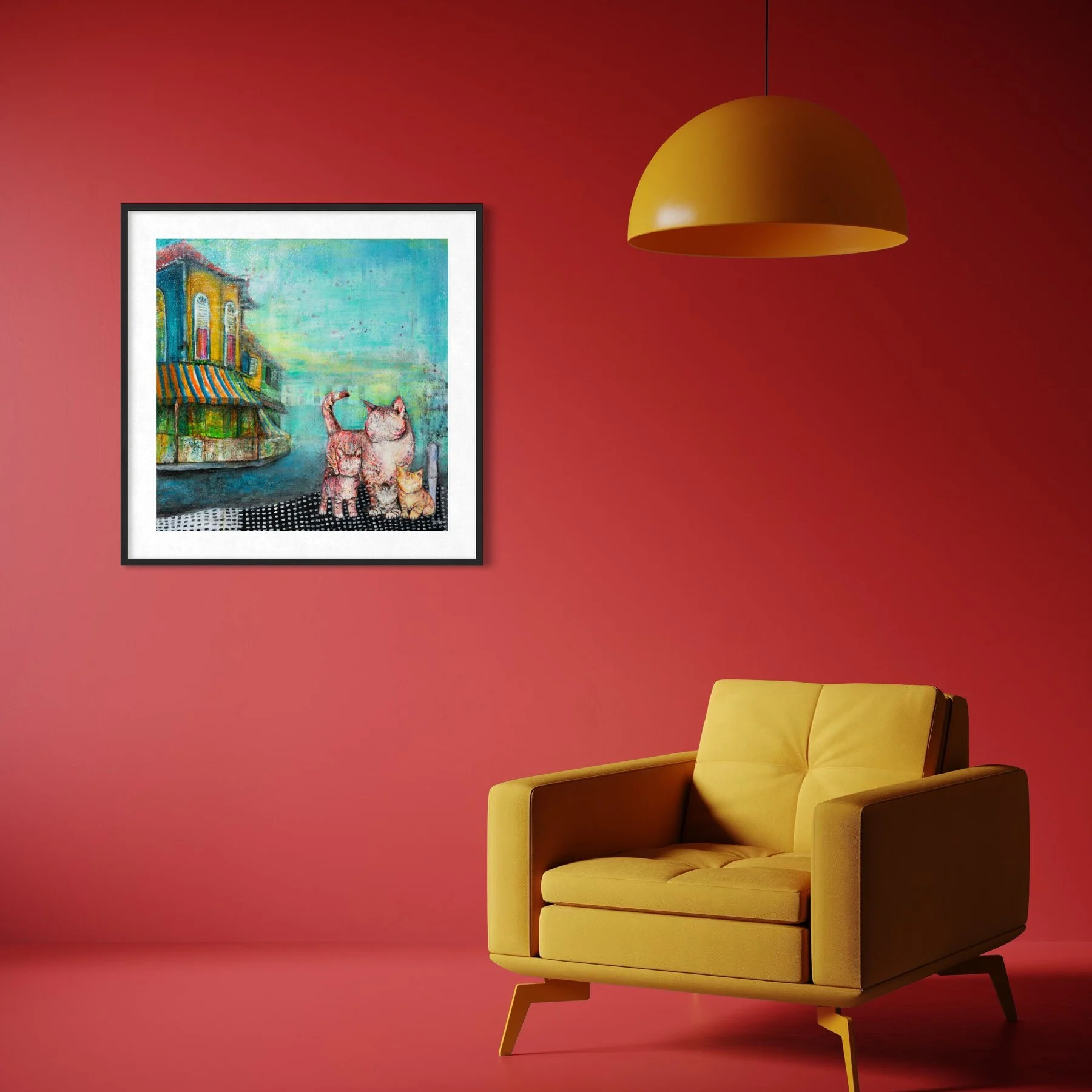 Cat Stories Shophouse Days fine art giclée print on Hahnemühle German Etching — Singapore cats and shophouse painting by Sheena Bharathan