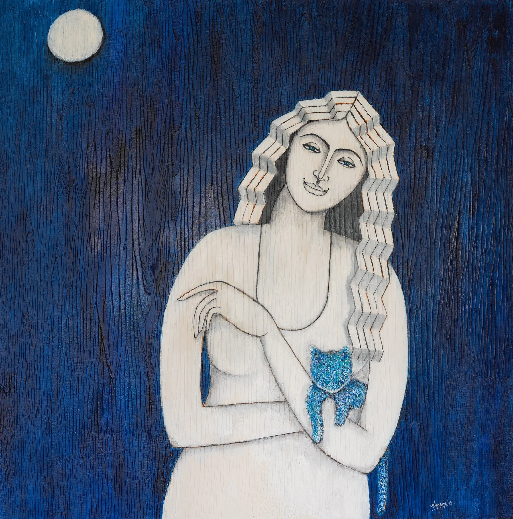 Hues of Silence fine art giclée print on Hahnemühle German Etching 310gsm — She series by Singapore artist Sheena Bharathan, white figure with blue cat against midnight blue