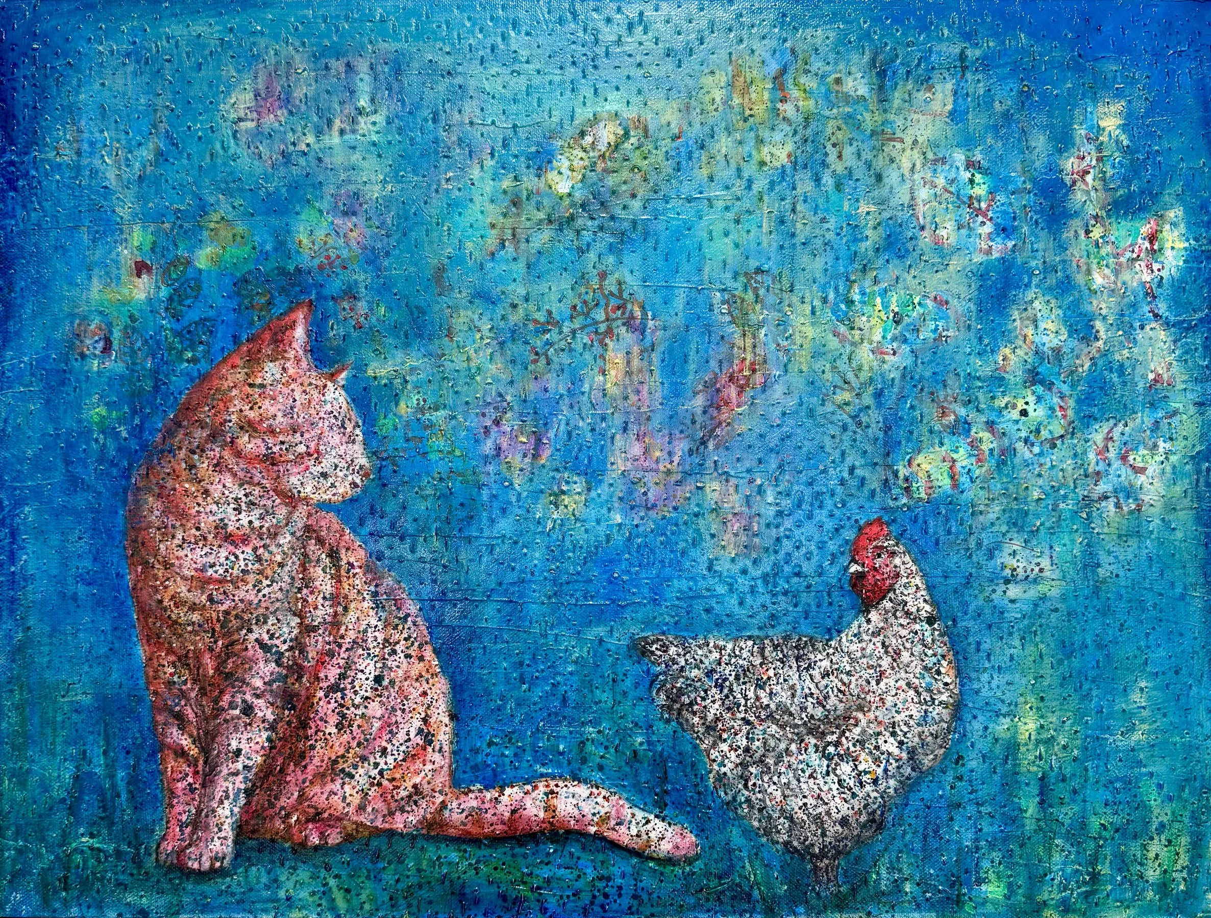 Cat Stories: An Unlikely Conversation — fine art giclée print of a cat and hen facing each other by Singapore artist Sheena Bharathan, Hahnemühle German Etching 310gsm