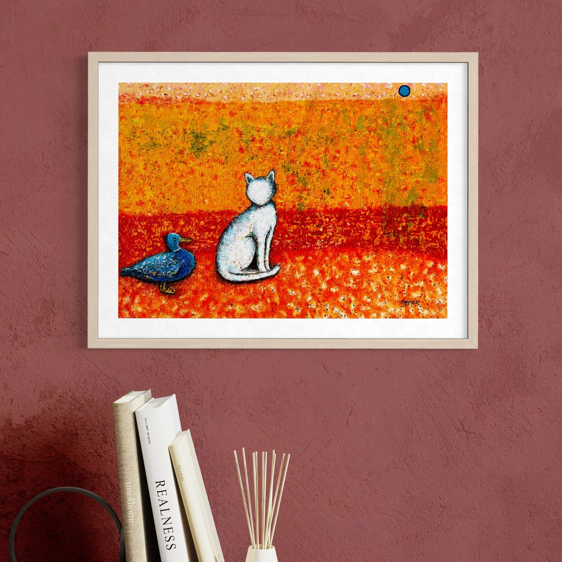 Cat Stories: The Blue Companion — fine art giclée print of a cat and blue duck in warm earthy landscape by Singapore artist Sheena Bharathan, Hahnemühle German Etching 310gsm
