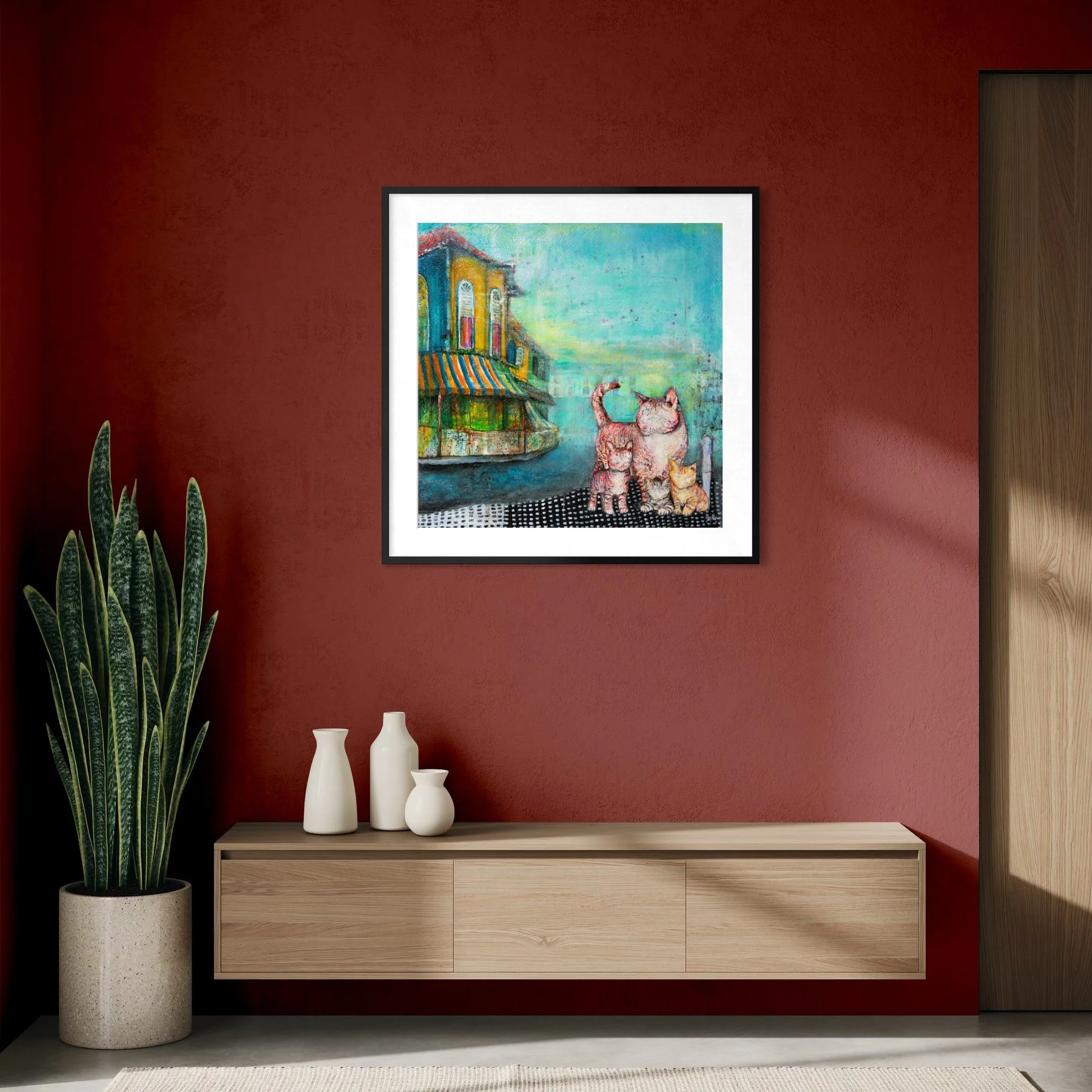 Cat Stories Shophouse Days fine art giclée print on Hahnemühle German Etching — Singapore cats and shophouse painting by Sheena Bharathan
