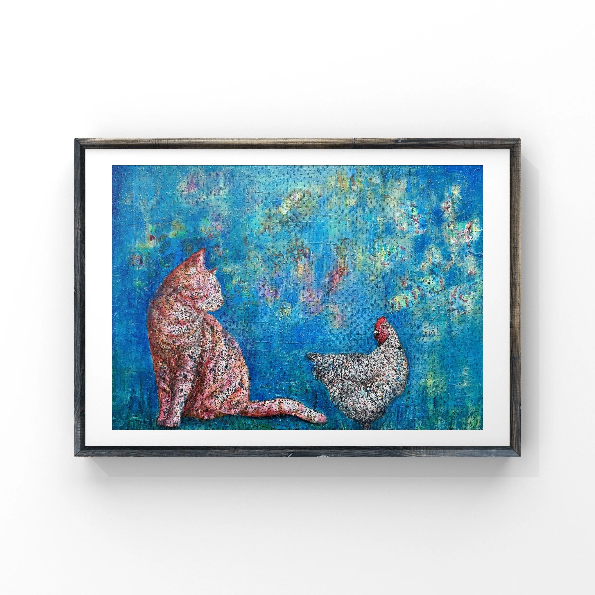 Cat Stories: An Unlikely Conversation — fine art giclée print of a cat and hen facing each other by Singapore artist Sheena Bharathan, Hahnemühle German Etching 310gsm