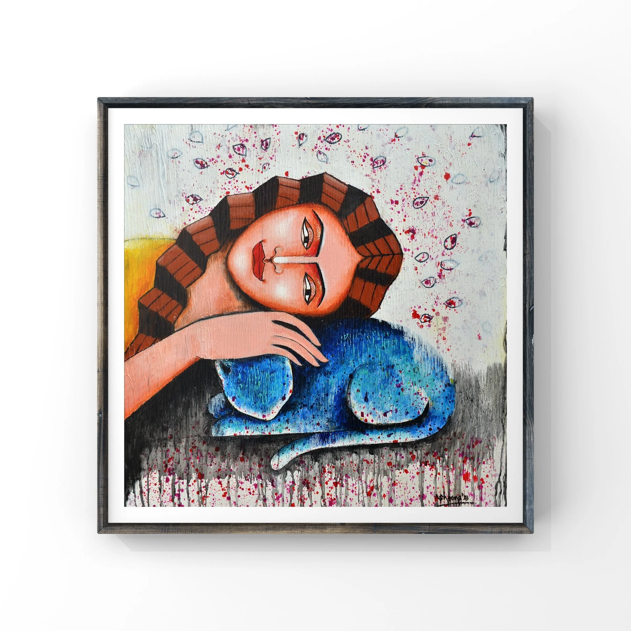 Love fine art giclée print on Hahnemühle German Etching 310gsm — She series by Singapore artist Sheena Bharathan, woman with blue cat