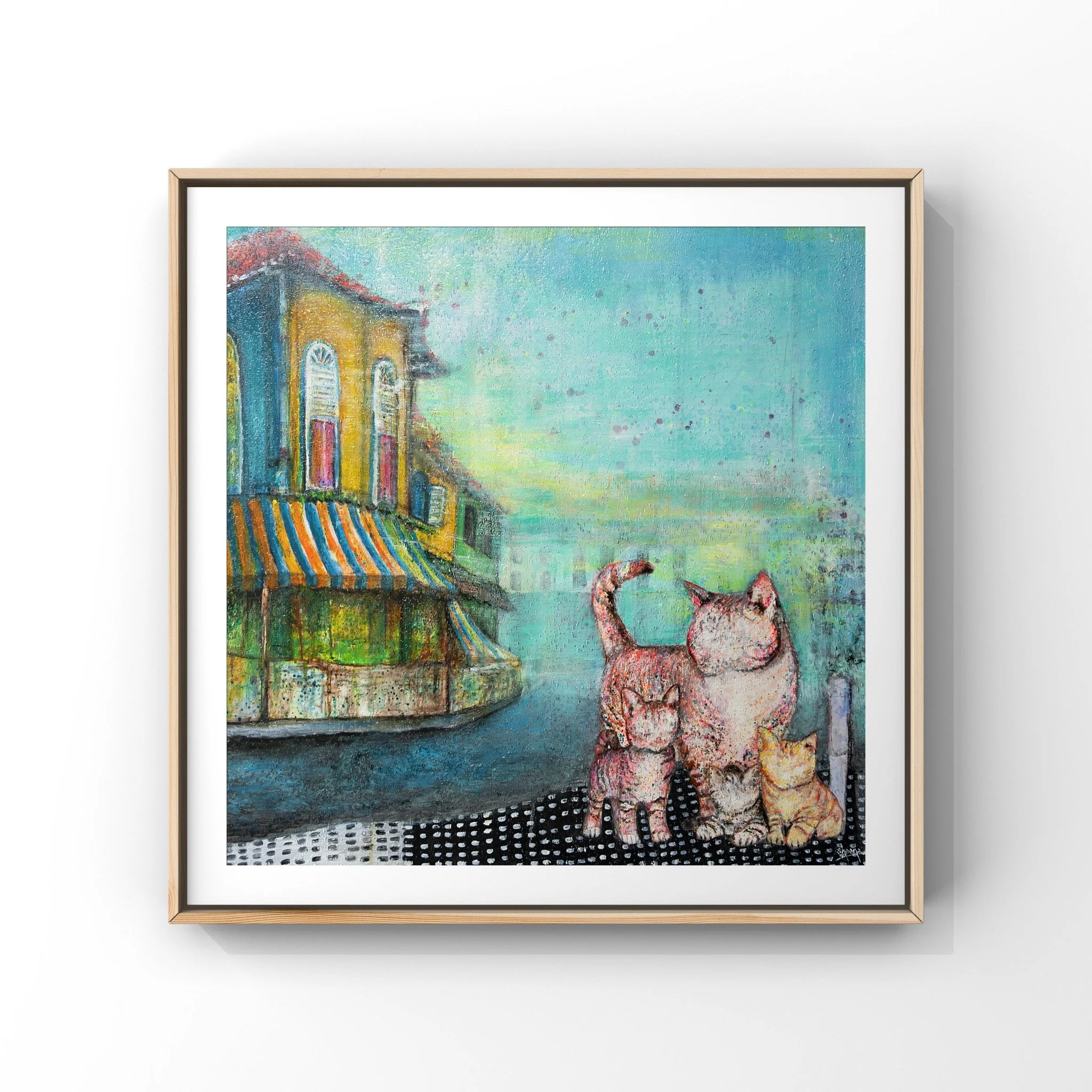 Cat Stories Shophouse Days fine art giclée print on Hahnemühle German Etching — Singapore cats and shophouse painting by Sheena Bharathan
