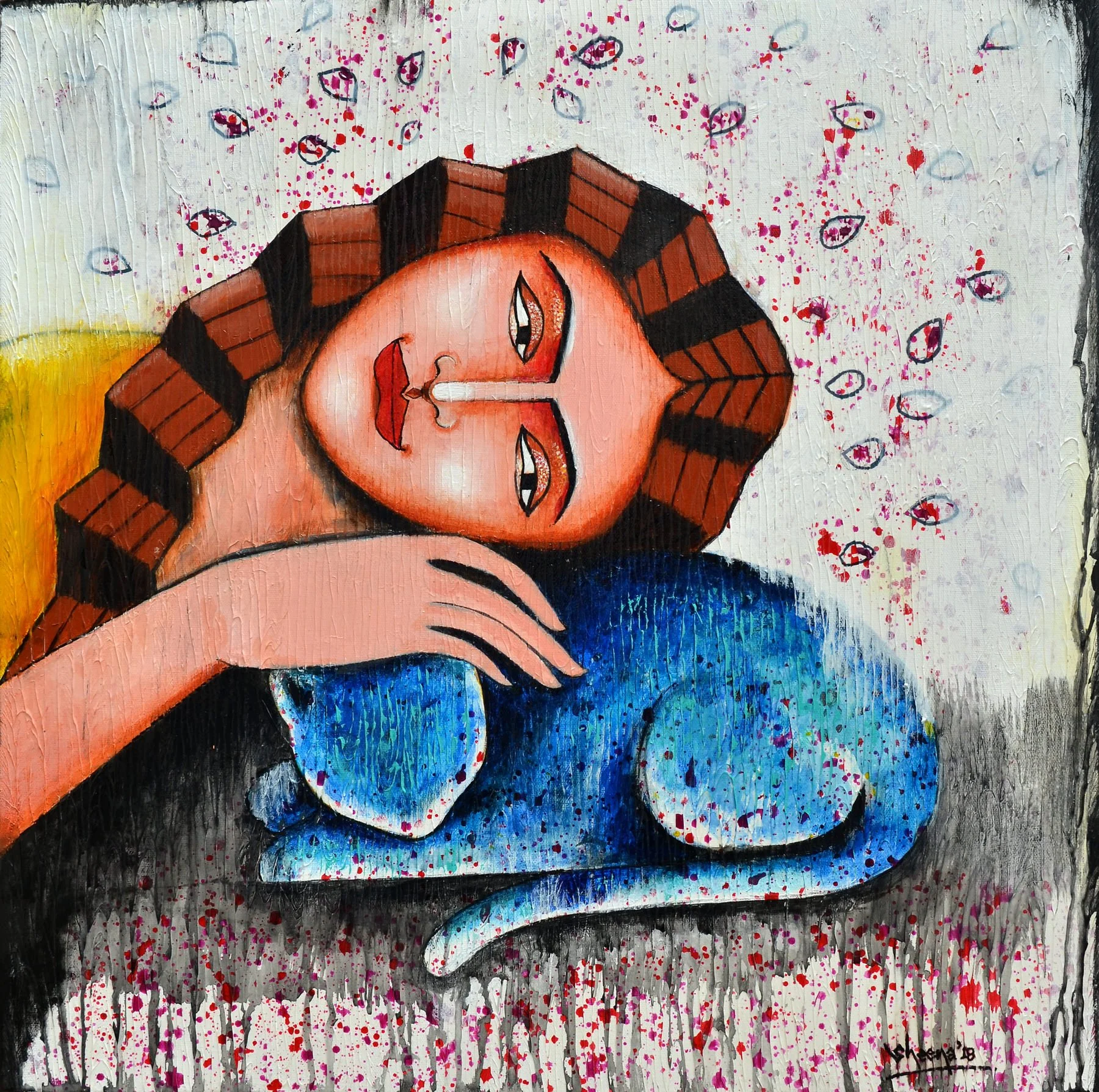Love fine art giclée print on Hahnemühle German Etching 310gsm — She series by Singapore artist Sheena Bharathan, woman with blue cat