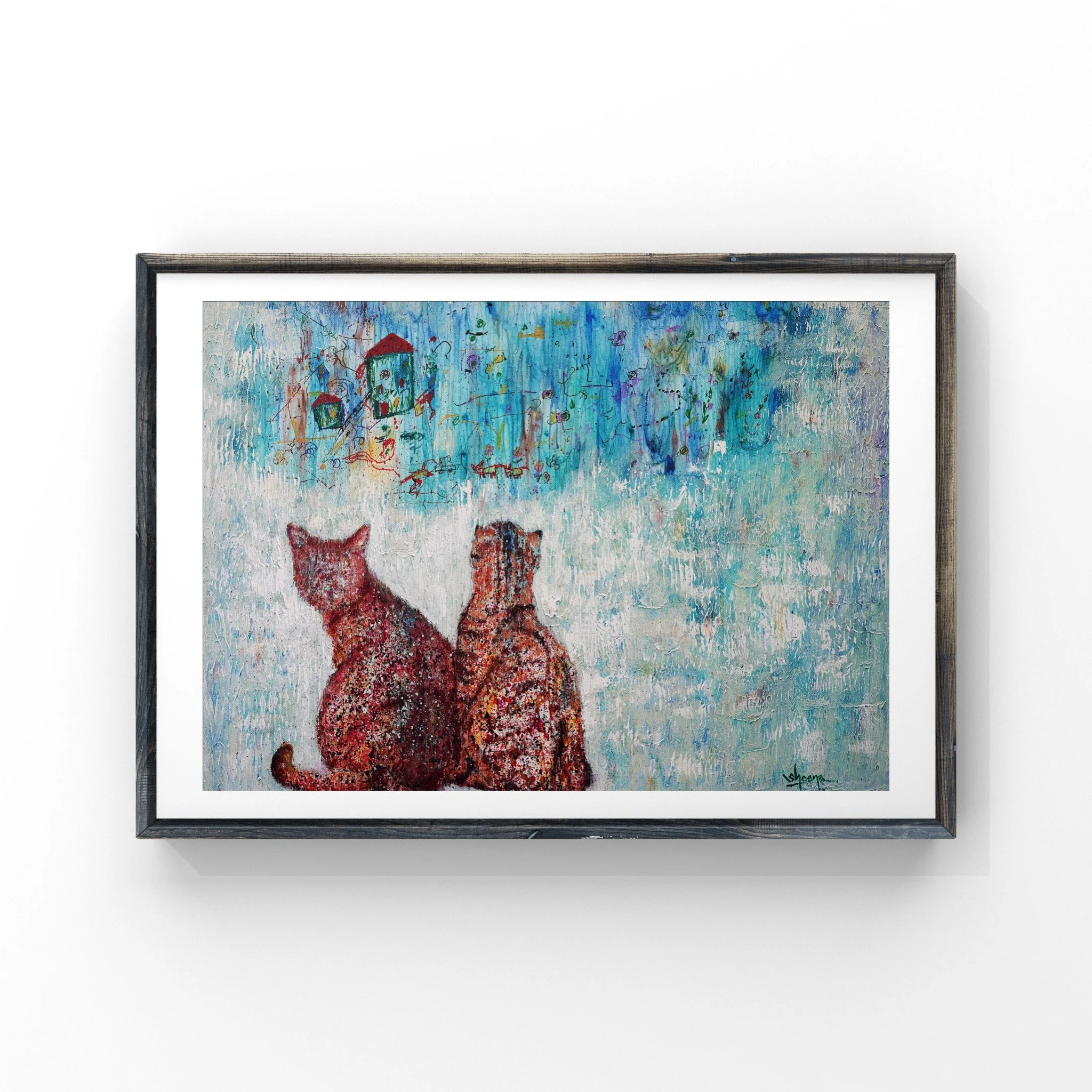 Cat Stories: Dreaming Together — fine art giclée print of two cats watching a shared dreamscape by Singapore artist Sheena Bharathan, Hahnemühle German Etching 310gsm
