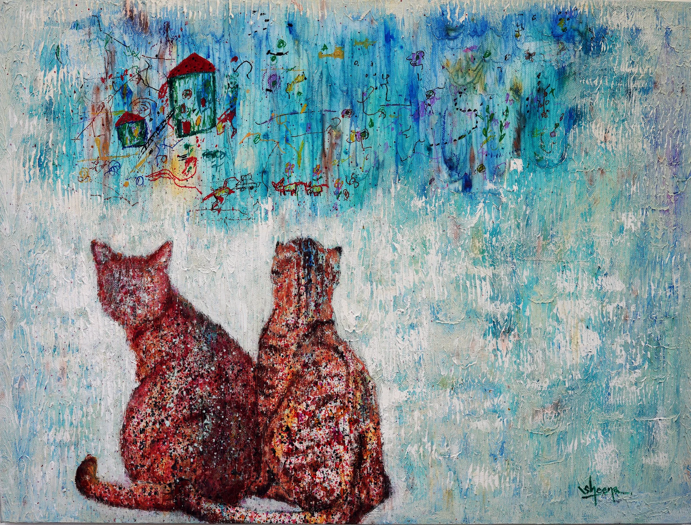 Cat Stories: Dreaming Together — fine art giclée print of two cats watching a shared dreamscape by Singapore artist Sheena Bharathan, Hahnemühle German Etching 310gsm