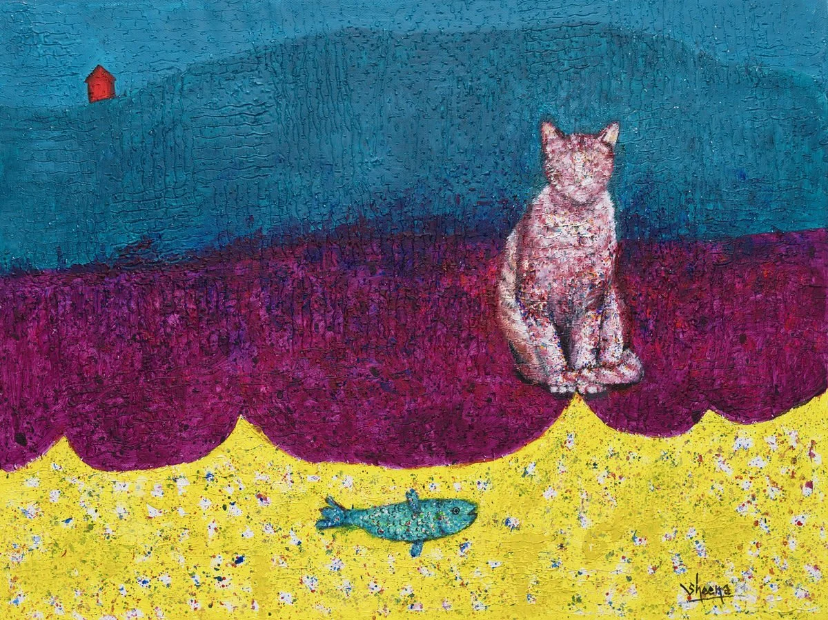 Cat Stories artwork collected internationally – whimsical feline painting