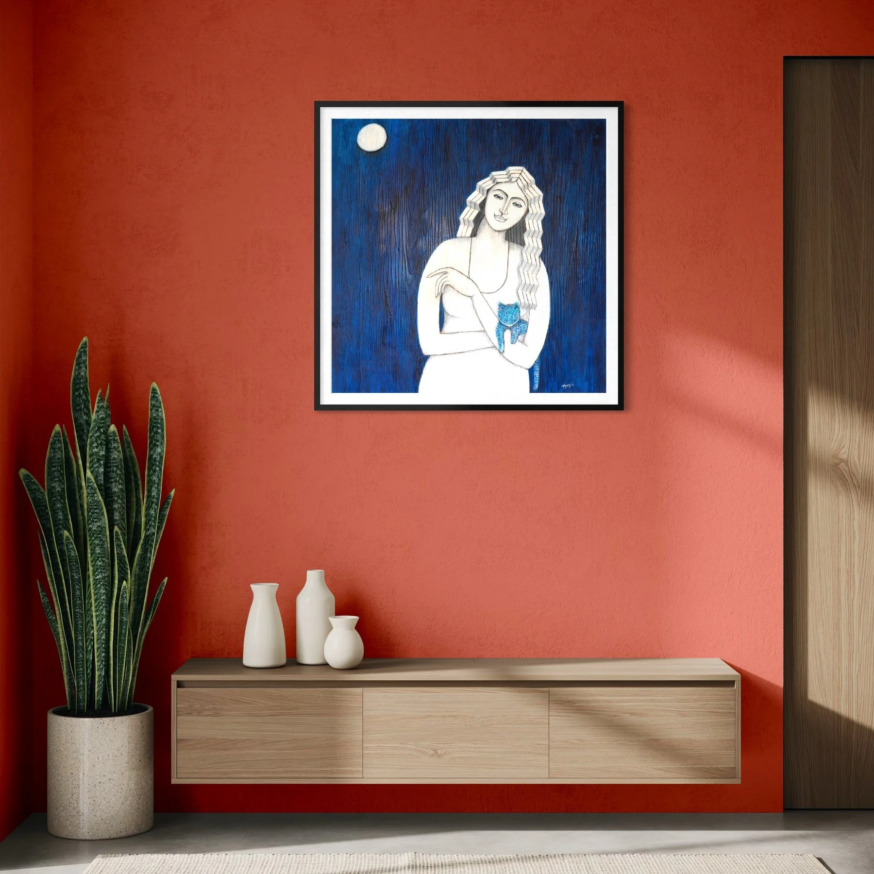Hues of Silence fine art giclée print on Hahnemühle German Etching 310gsm — She series by Singapore artist Sheena Bharathan, white figure with blue cat against midnight blue