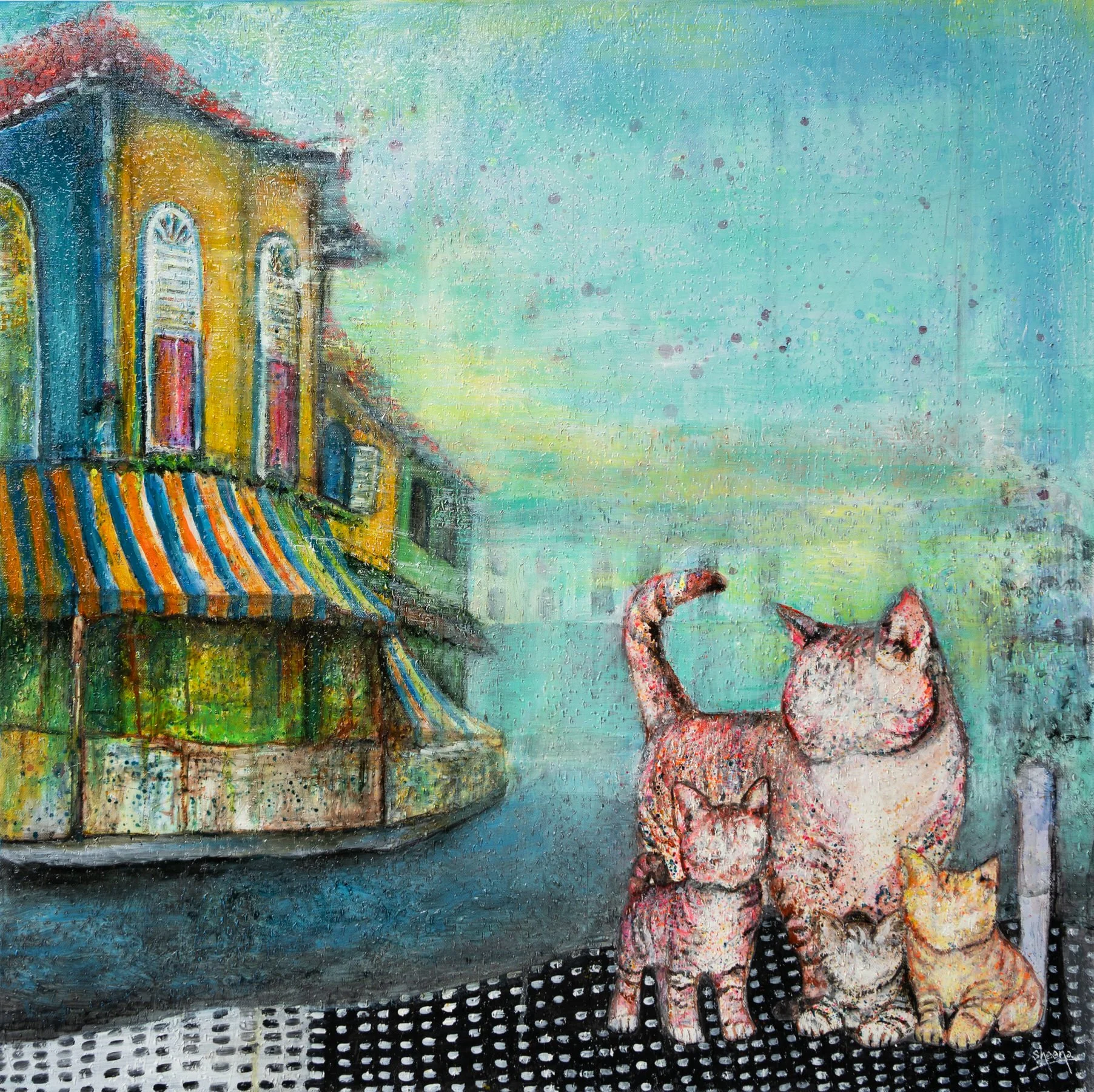 Cat Stories Shophouse Days — original mixed media painting on canvas 80x80cm by Singapore contemporary artist Sheena Bharathan, cats in front of Singapore Peranakan shophouse