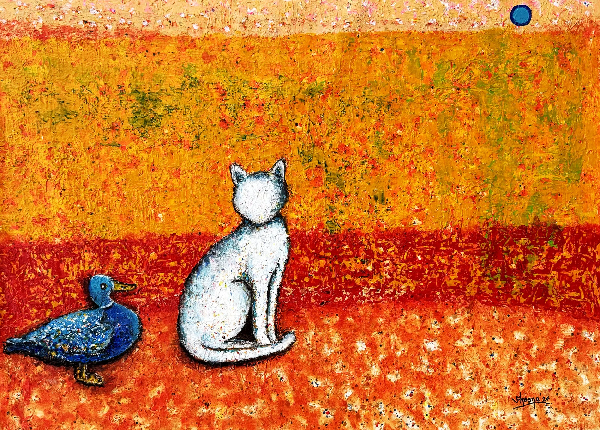 Cat Stories: The Blue Companion — fine art giclée print of a cat and blue duck in warm earthy landscape by Singapore artist Sheena Bharathan, Hahnemühle German Etching 310gsm