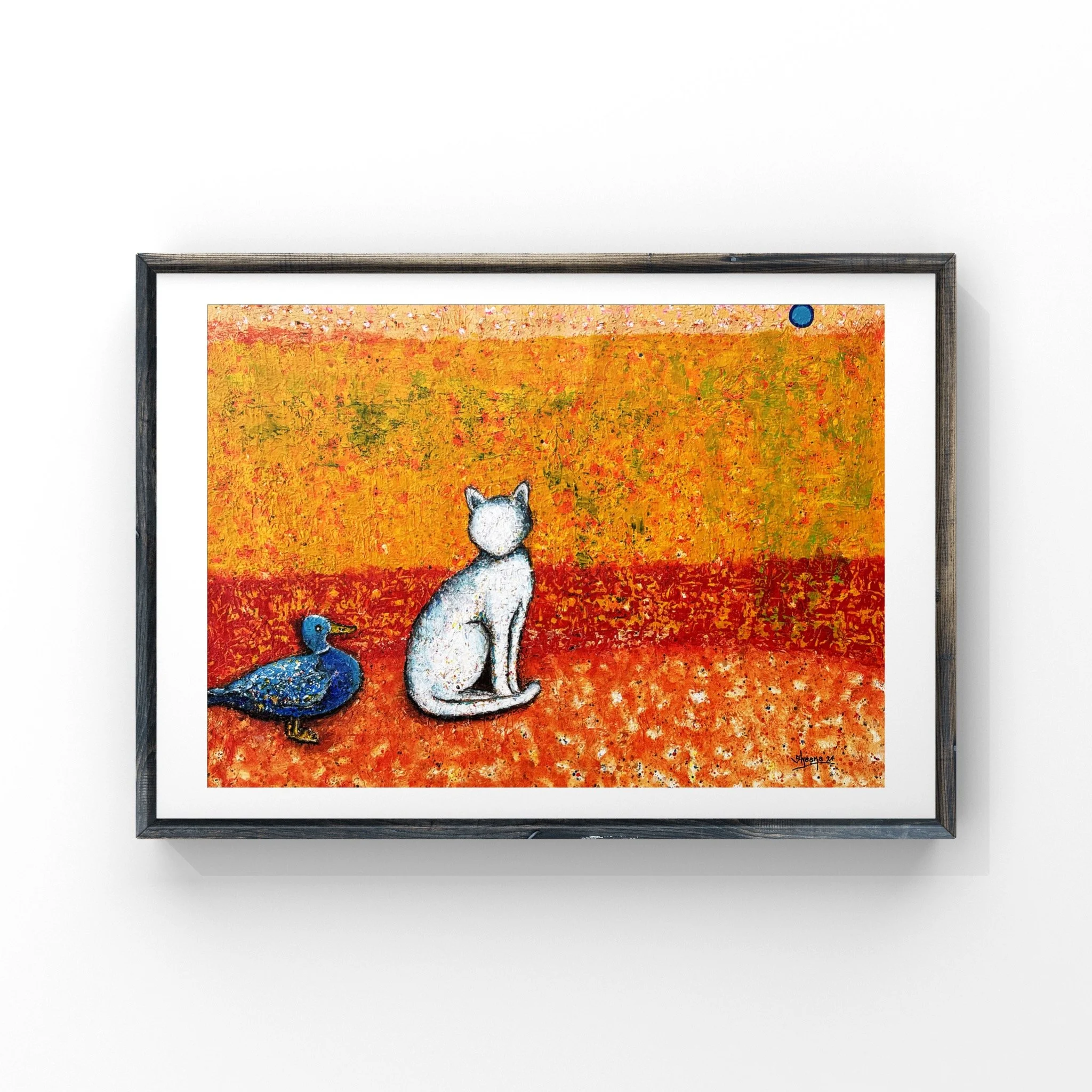 Cat Stories: The Blue Companion — fine art giclée print of a cat and blue duck in warm earthy landscape by Singapore artist Sheena Bharathan, Hahnemühle German Etching 310gsm