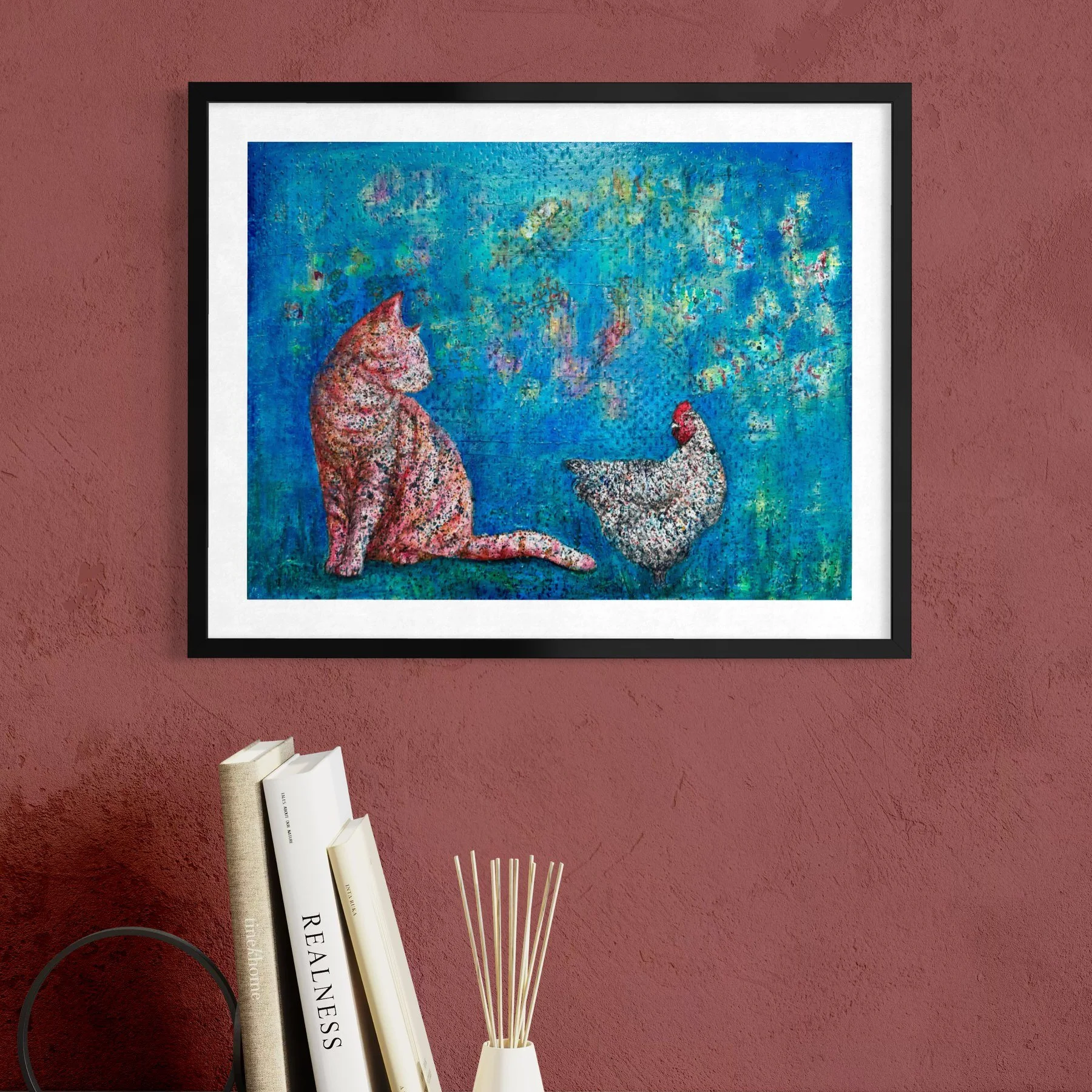 Cat Stories: An Unlikely Conversation — fine art giclée print of a cat and hen facing each other by Singapore artist Sheena Bharathan, Hahnemühle German Etching 310gsm