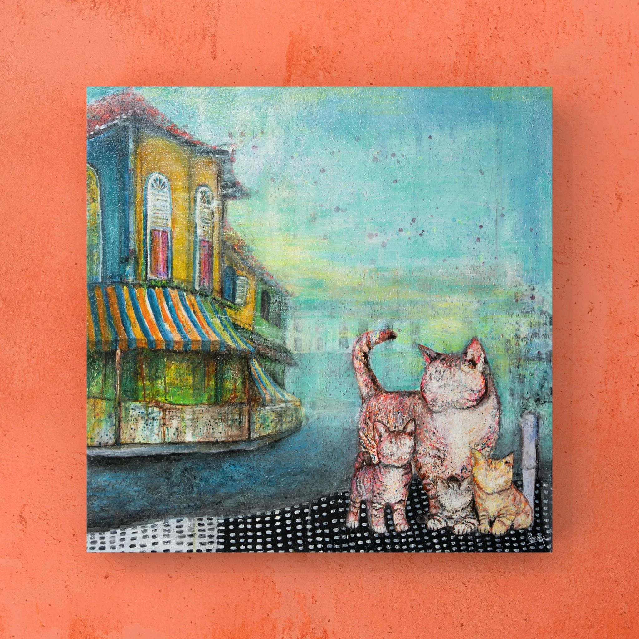 Cat Stories Shophouse Days — original mixed media painting on canvas 80x80cm by Singapore contemporary artist Sheena Bharathan, cats in front of Singapore Peranakan shophouse
