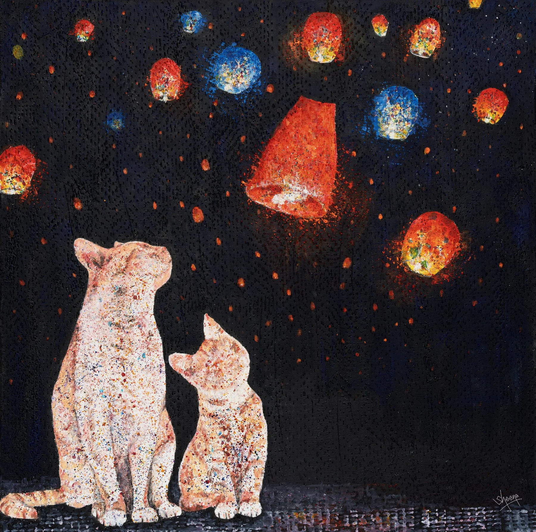 Cat Stories: Lantern Night — fine art giclée print of two cats watching sky lanterns by Singapore artist Sheena Bharathan, Hahnemühle German Etching 310gsm