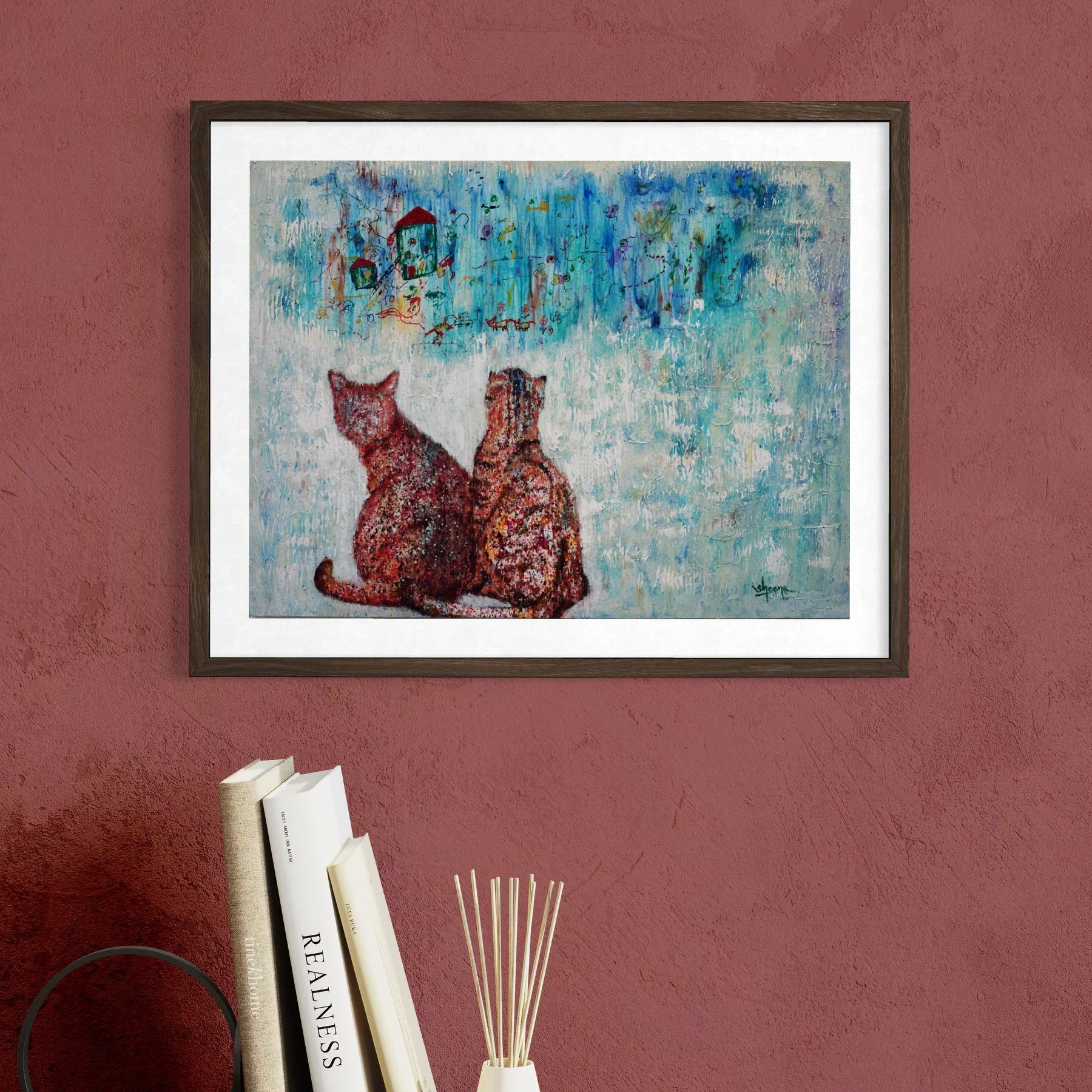Cat Stories: Dreaming Together — fine art giclée print of two cats watching a shared dreamscape by Singapore artist Sheena Bharathan, Hahnemühle German Etching 310gsm