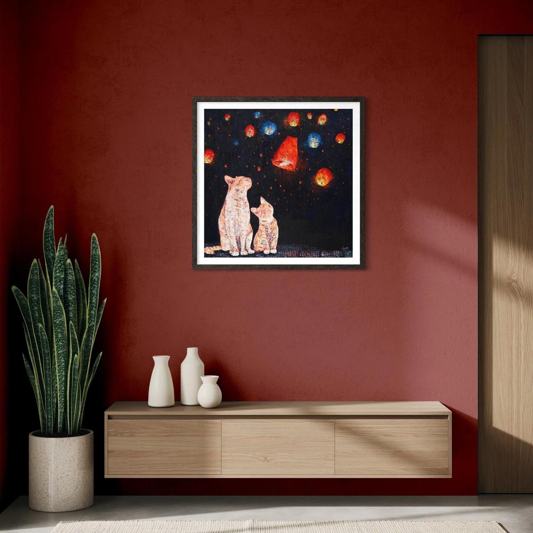 Cat Stories: Lantern Night — fine art giclée print of two cats watching sky lanterns by Singapore artist Sheena Bharathan, Hahnemühle German Etching 310gsm