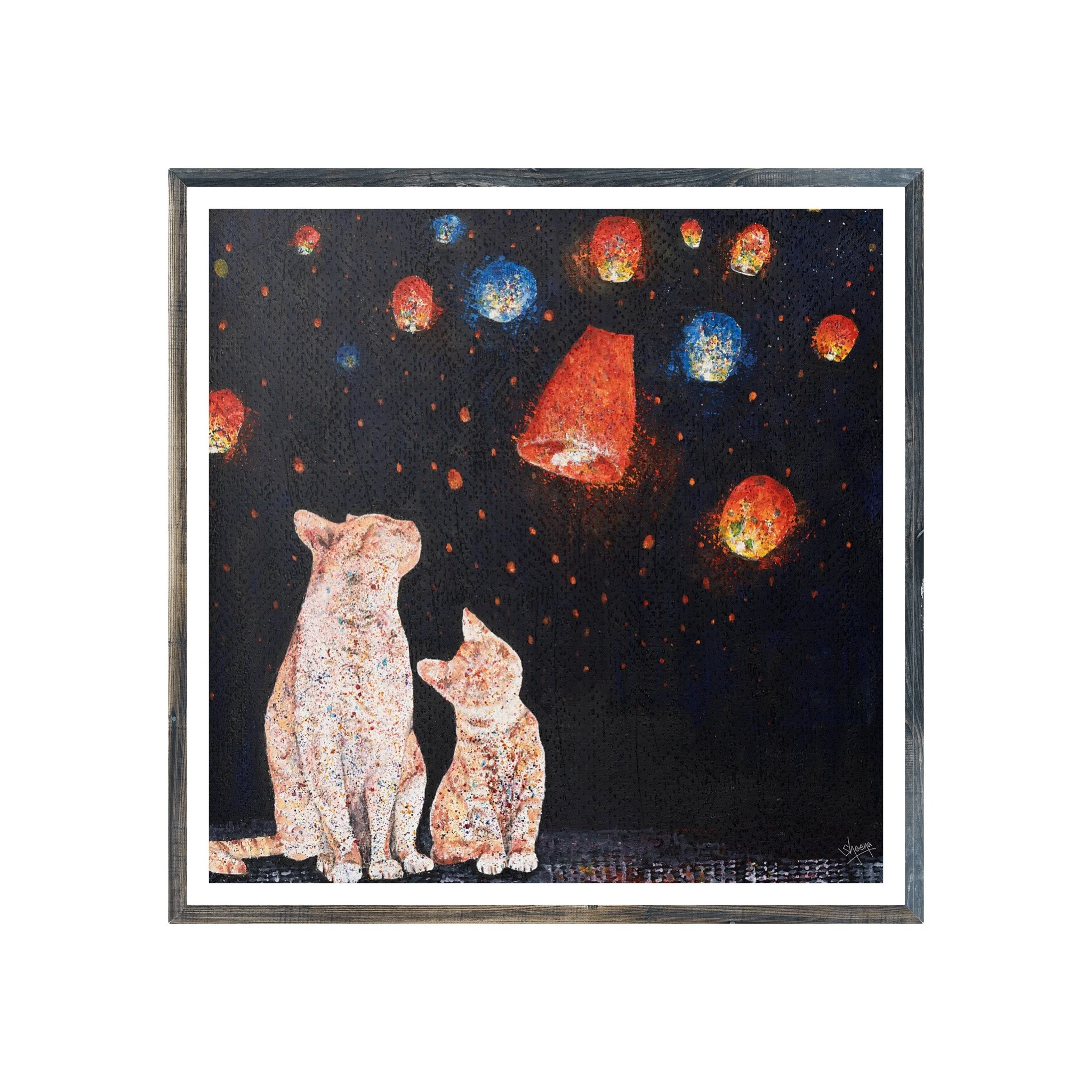 Cat Stories: Lantern Night — fine art giclée print of two cats watching sky lanterns by Singapore artist Sheena Bharathan, Hahnemühle German Etching 310gsm