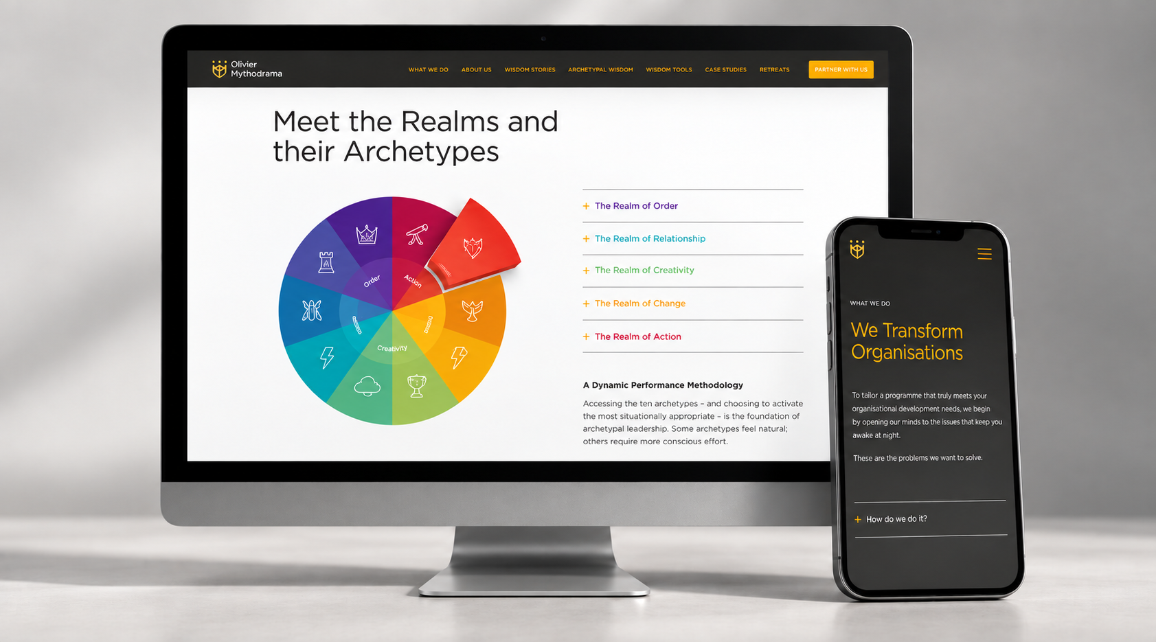 Olivier Mythodrama website design shown on desktop and mobile, featuring the colourful archetype wheel and responsive page layouts.