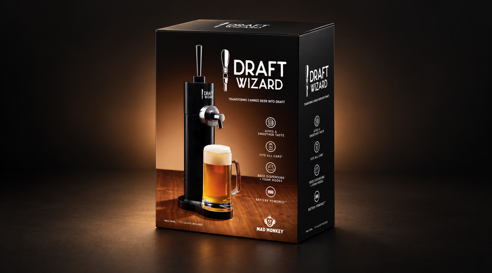 Draft Wizard retail packaging design featuring product photography, branding and beer dispenser artwork.