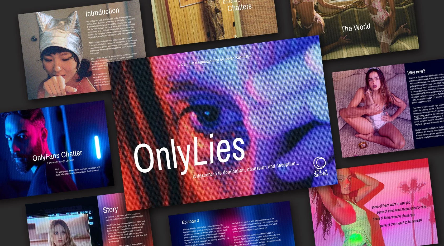 Only Lies presentation and pitch deck design featuring layered slides, cinematic imagery and a neon red and blue visual style.