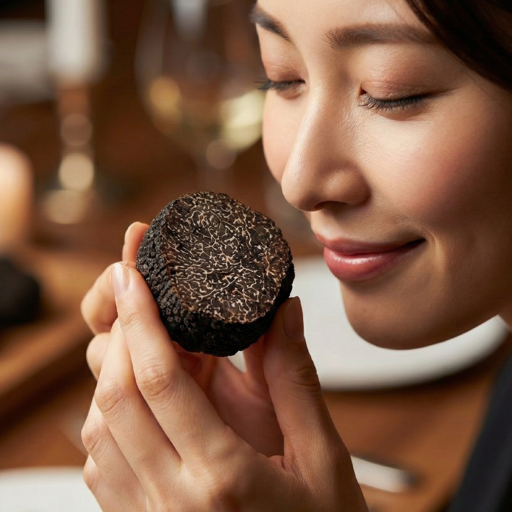 女性が黒トリュフの香りを嗅いでいる