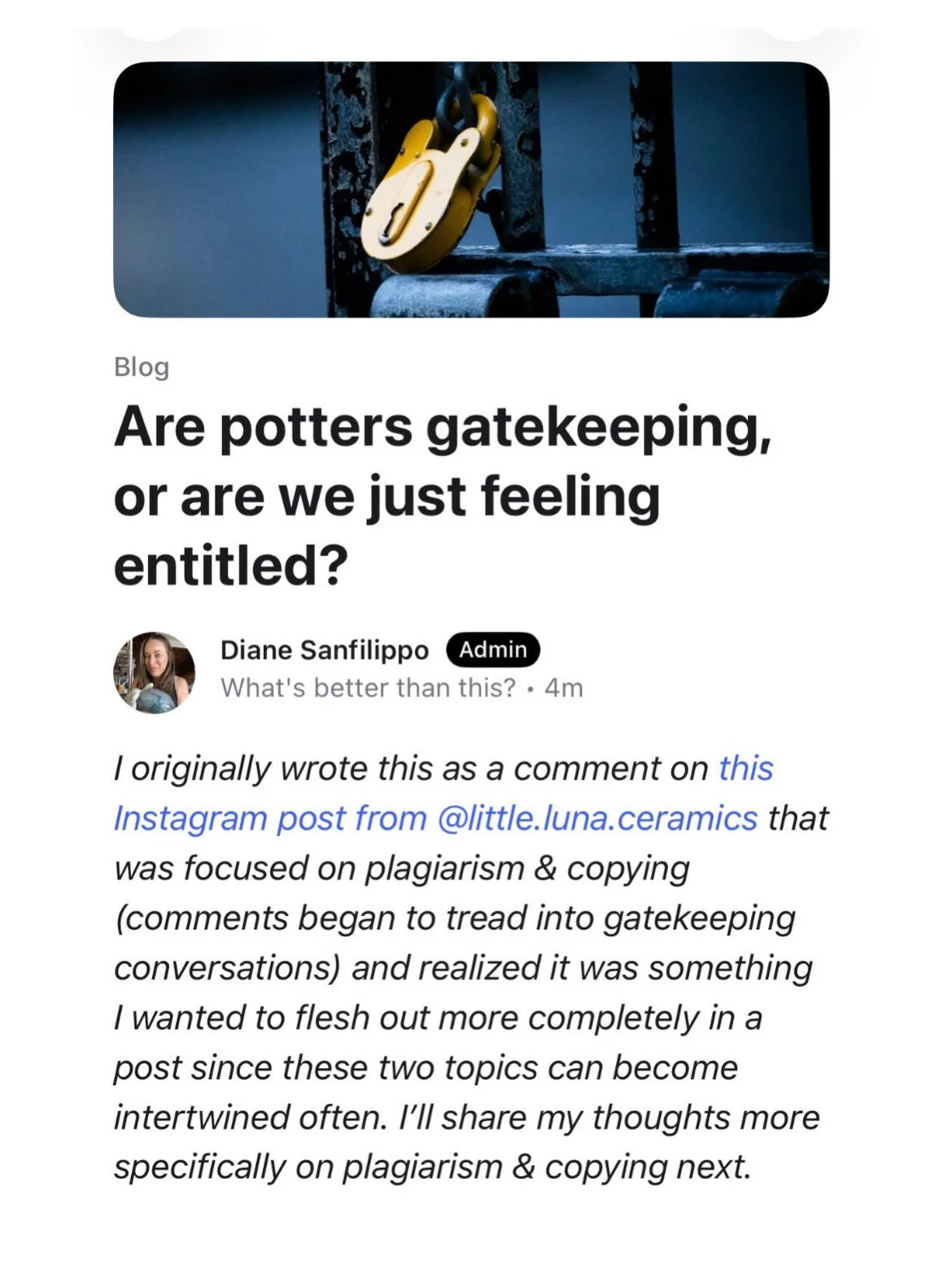 I wrote a post on my new pottery blog. I&rsquo;m living like it&rsquo;s 2010 and I want us all to be in spaces where it takes more time than a caption or a comment or a :07 video to communicate with context and details. And I&rsquo;m okay with that.
